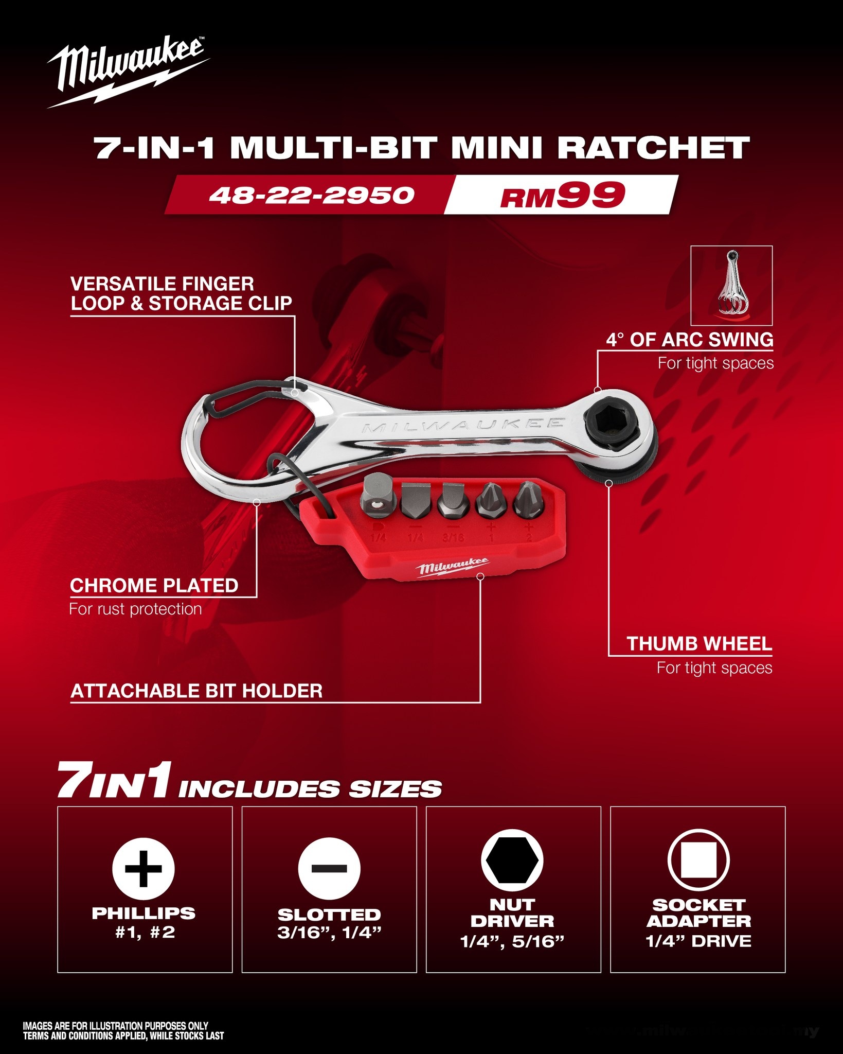 MILWAUKEE 7-in-1 Multi-Bit Mini Ratchet 48-22-2950 Pocket Spanner Spana ...