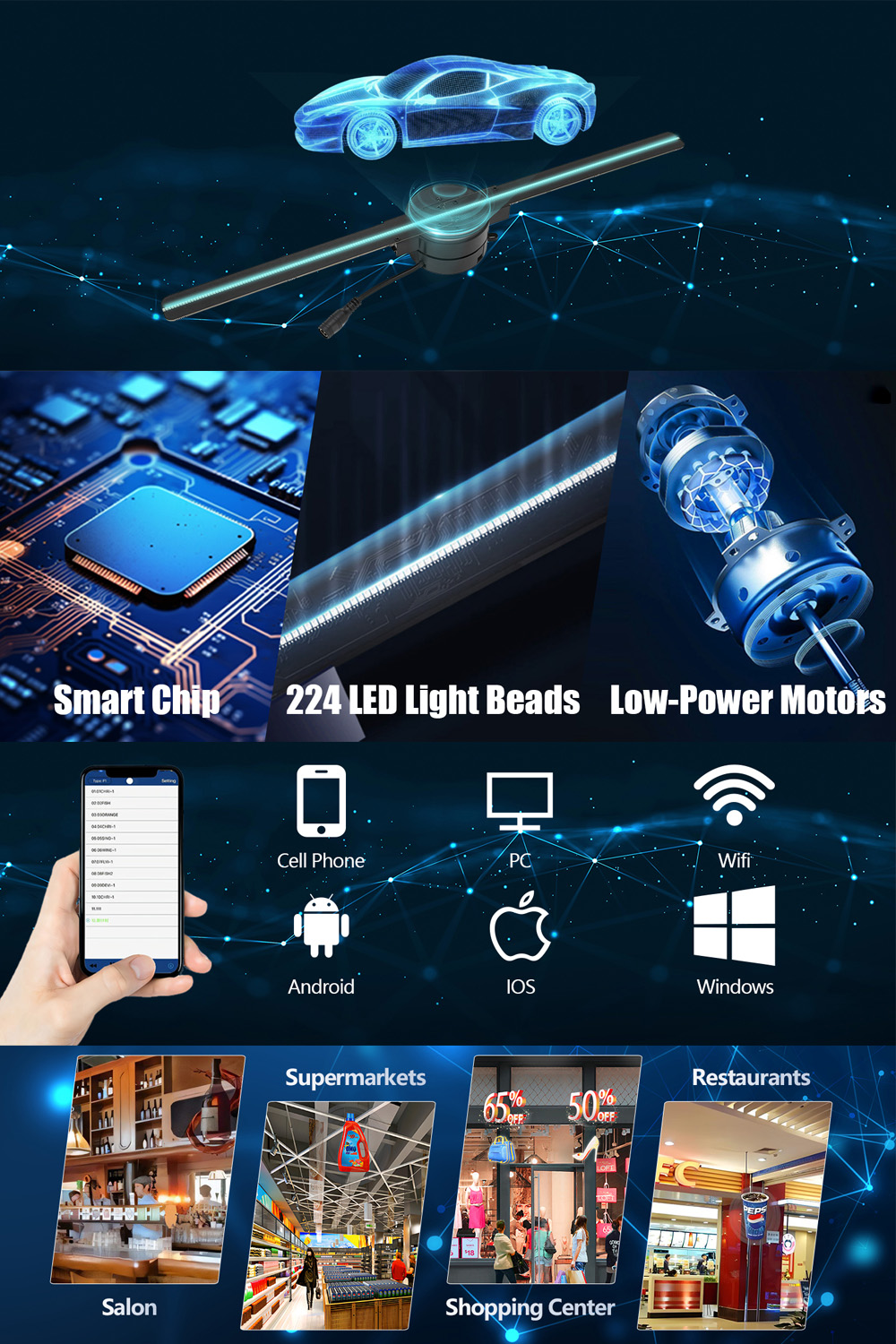 Hologram fan 3D Holographic Display 356 LED WiFi remote controller LED ...