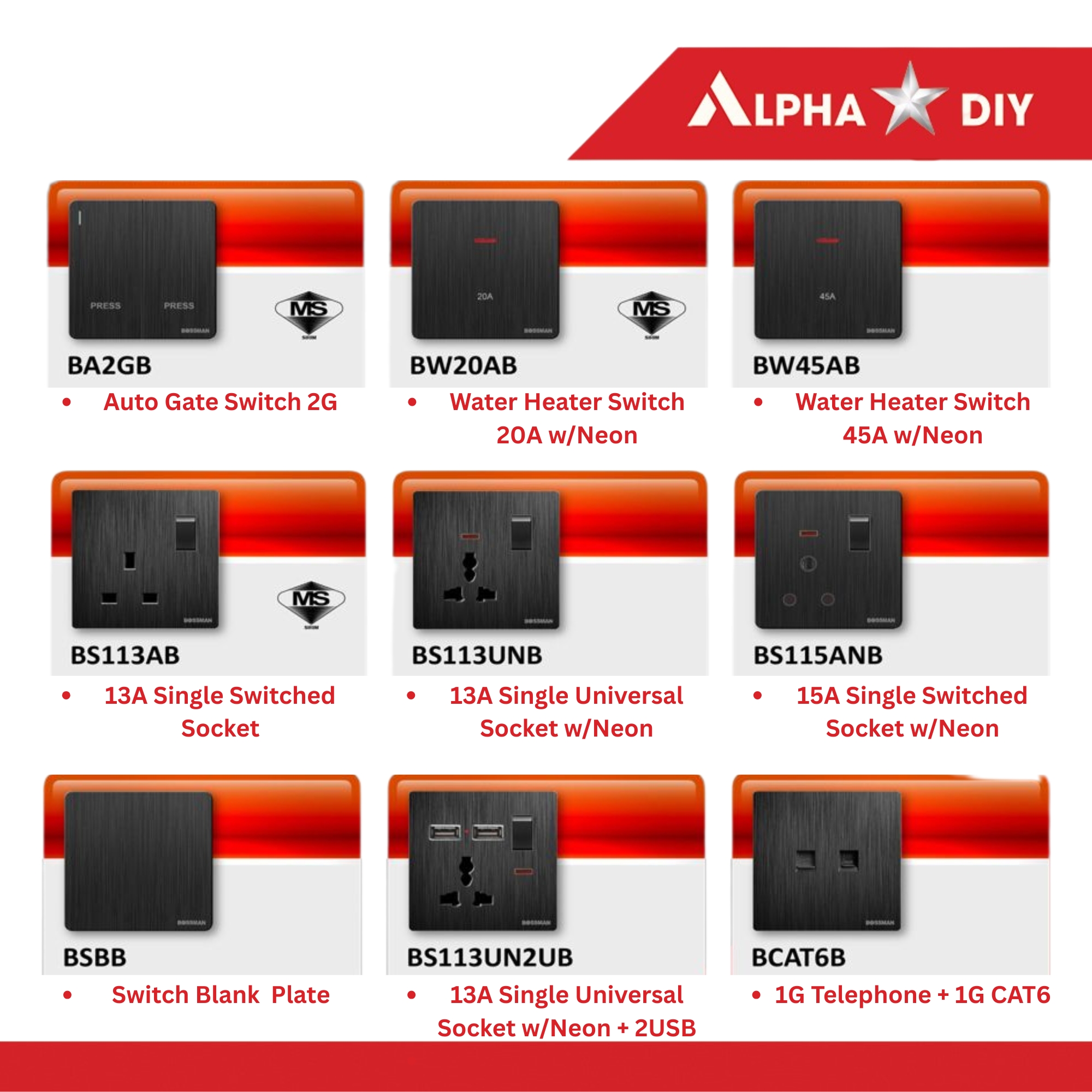 BOSSMAN Switch Socket Wall Suis On Off Dinding Rumah 20A Water Heater ...