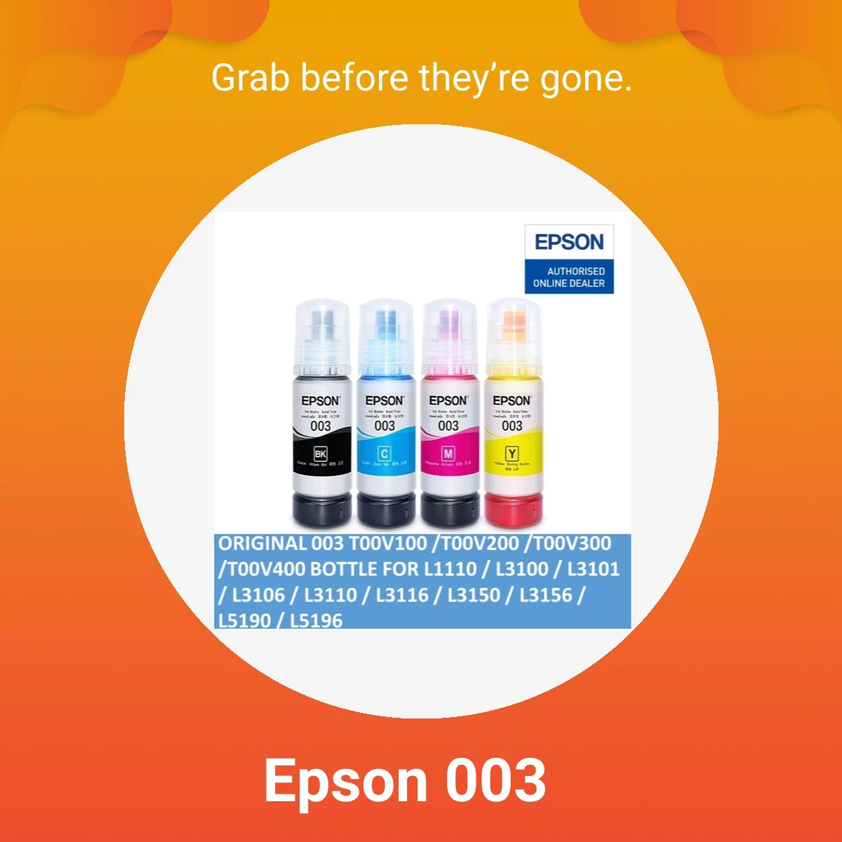 ORIGINAL EPSON 003 FOR PRINTER l3210 l3250 l3256 ink L1110 / L3100 ...