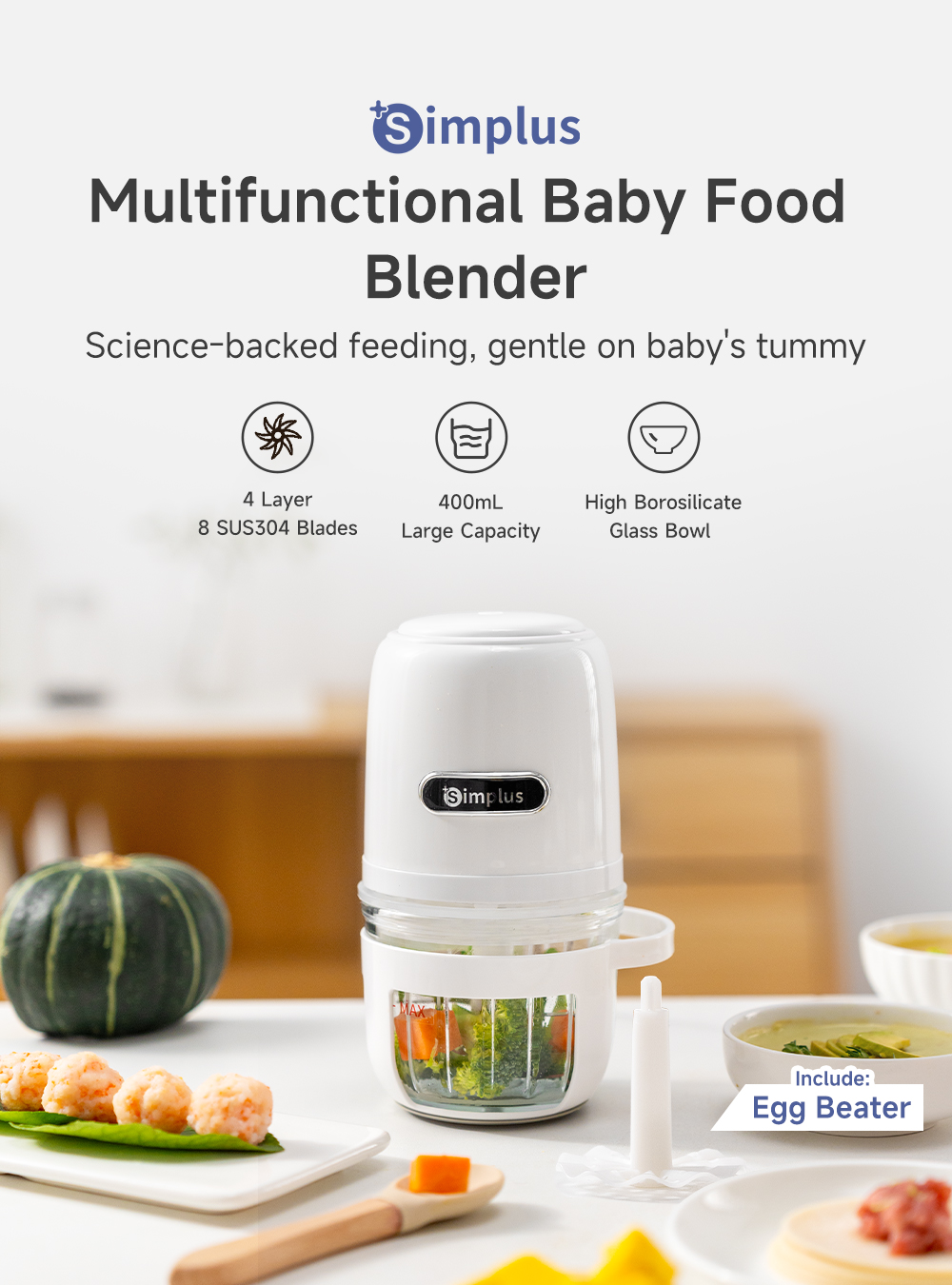 Simplus Baby Food Processor丨0.4L Mini丨304 Stainless Steel丨Food-Grade ...