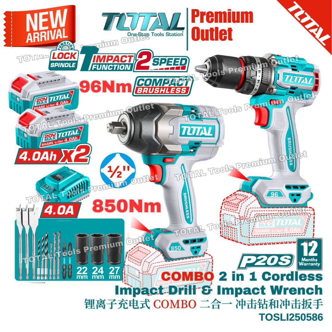 TOTAL Cordless 20V 96Nm Impact Drill, 850Nm Impact Wrench 2 in 1 COMBO ...