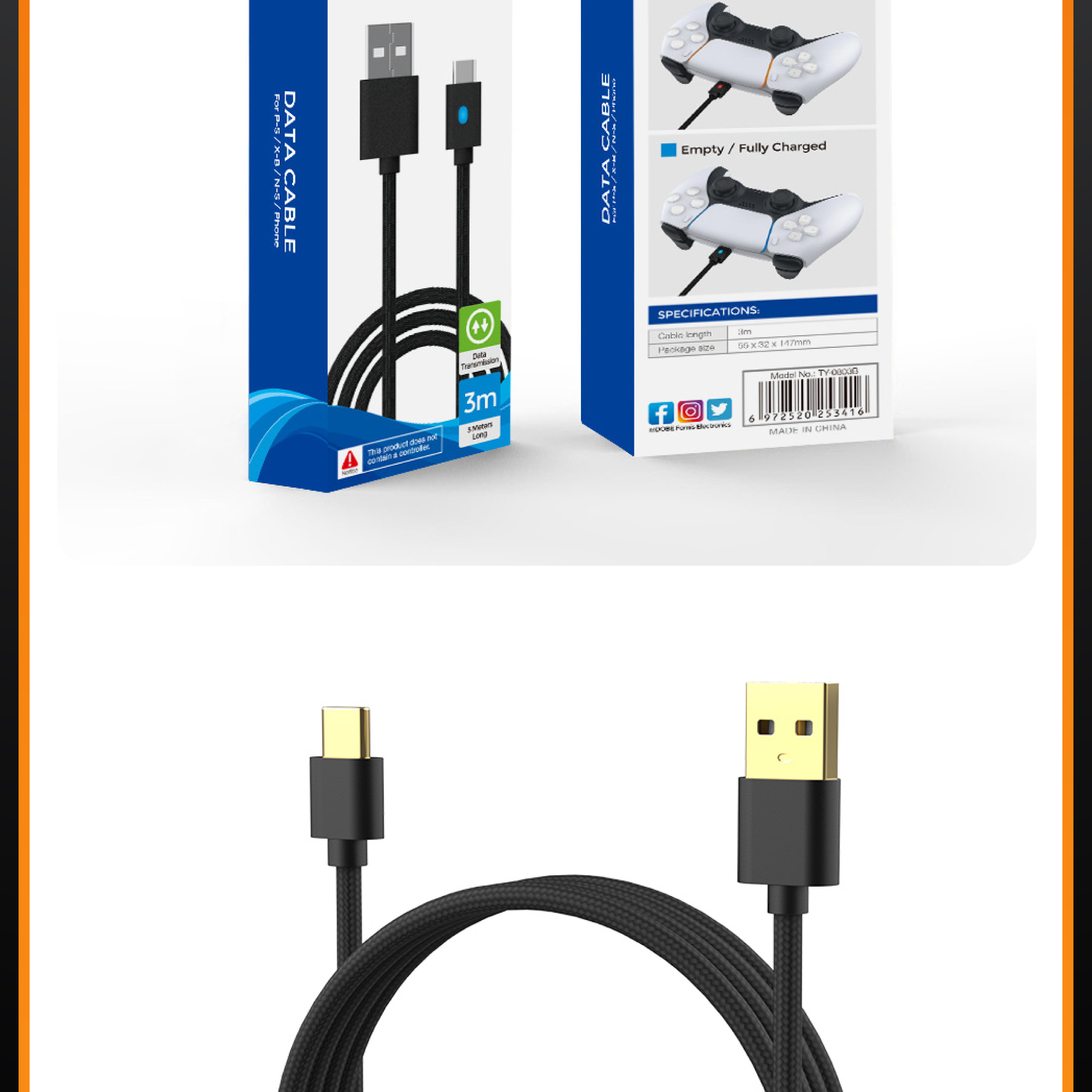 DOBE PS5 Xbox Series Switch Pro Controller Data Cable Charging Type C ...