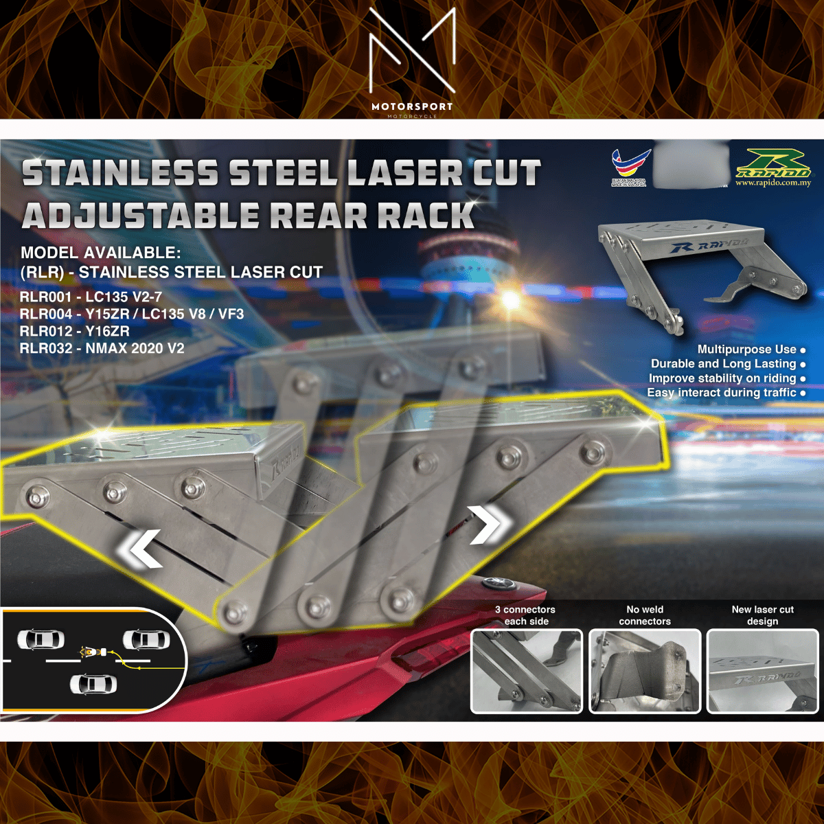 RAPIDO STAINLESS STEEL Rack Motorsikal Adjustable Rek Motorcycle ...