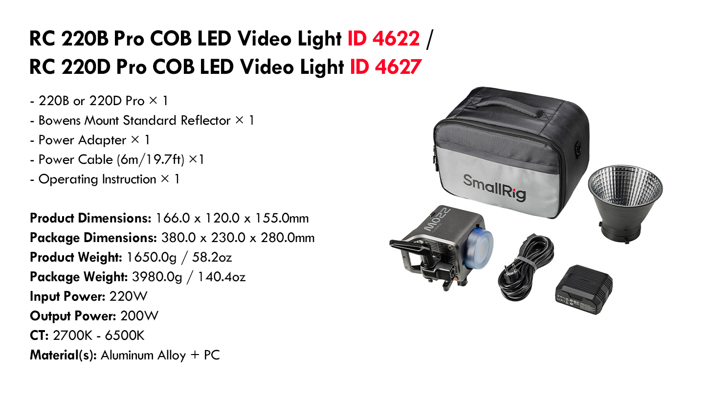 SMALLRIG RC220B PRO / RC220D PRO COB LED VIDEO LIGHT (UK) (4622 ...