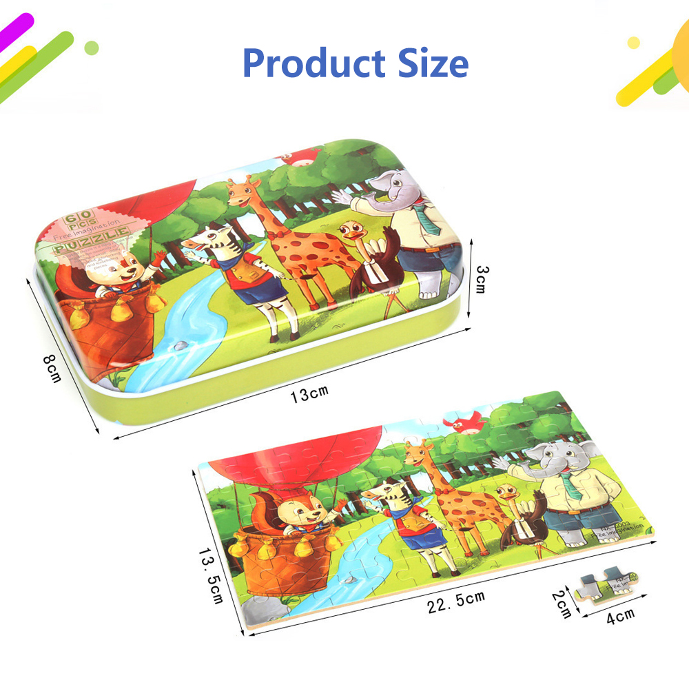 Bevavar 60Pcs Kids Wooden Jigsaw Puzzle With Iron box Baby Early ...