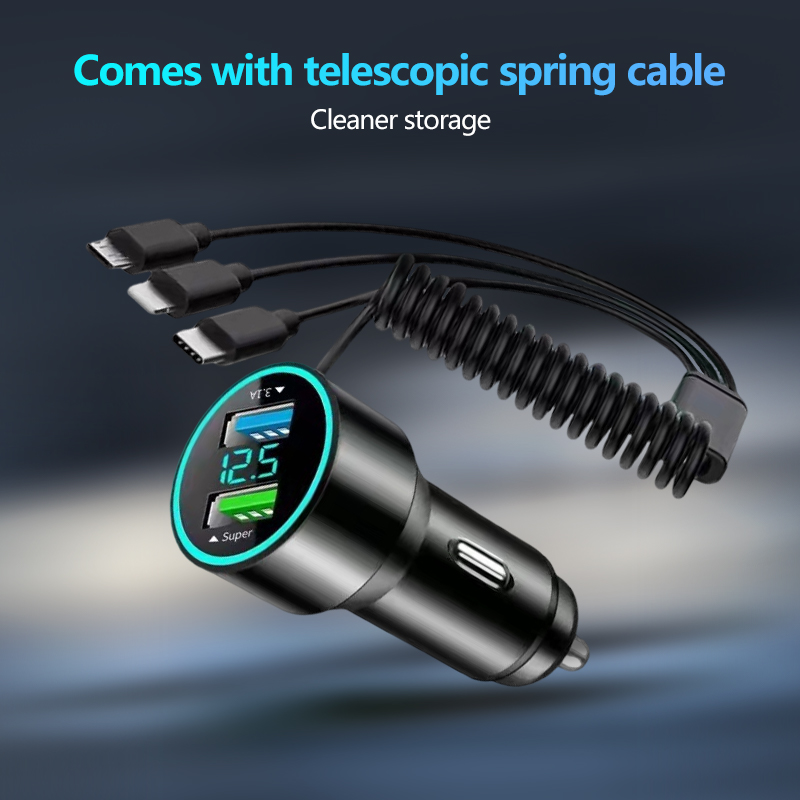 66W Car Charger Fast Charging Adapter Dual USB with 3IN1 Stretchable ...