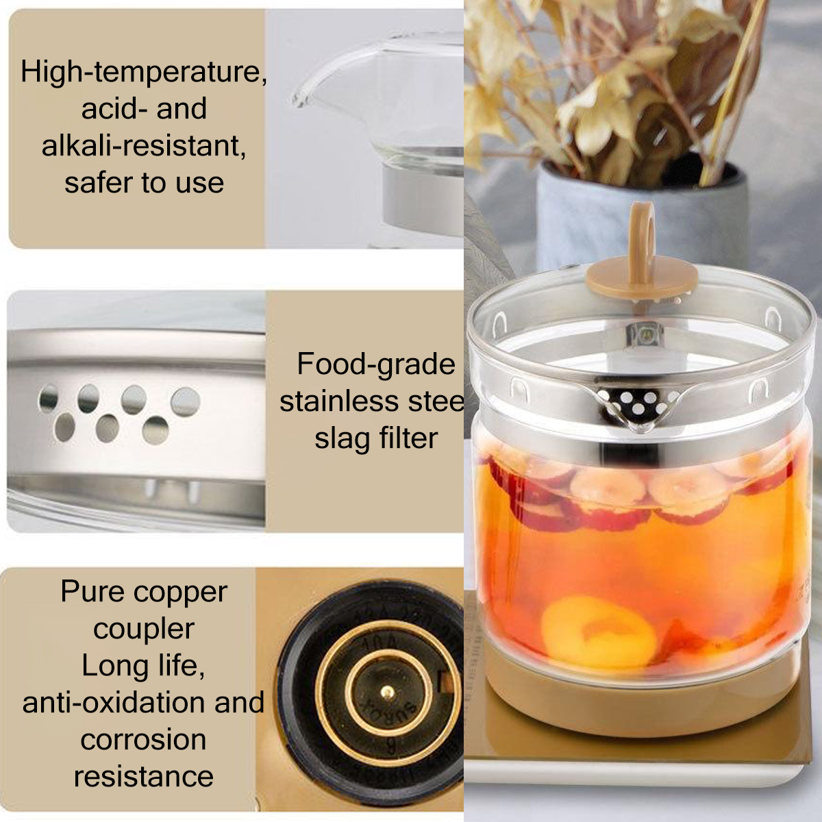 Malaysia 3 plug Multifunction health pot 1.8L Glass electric kettle ...