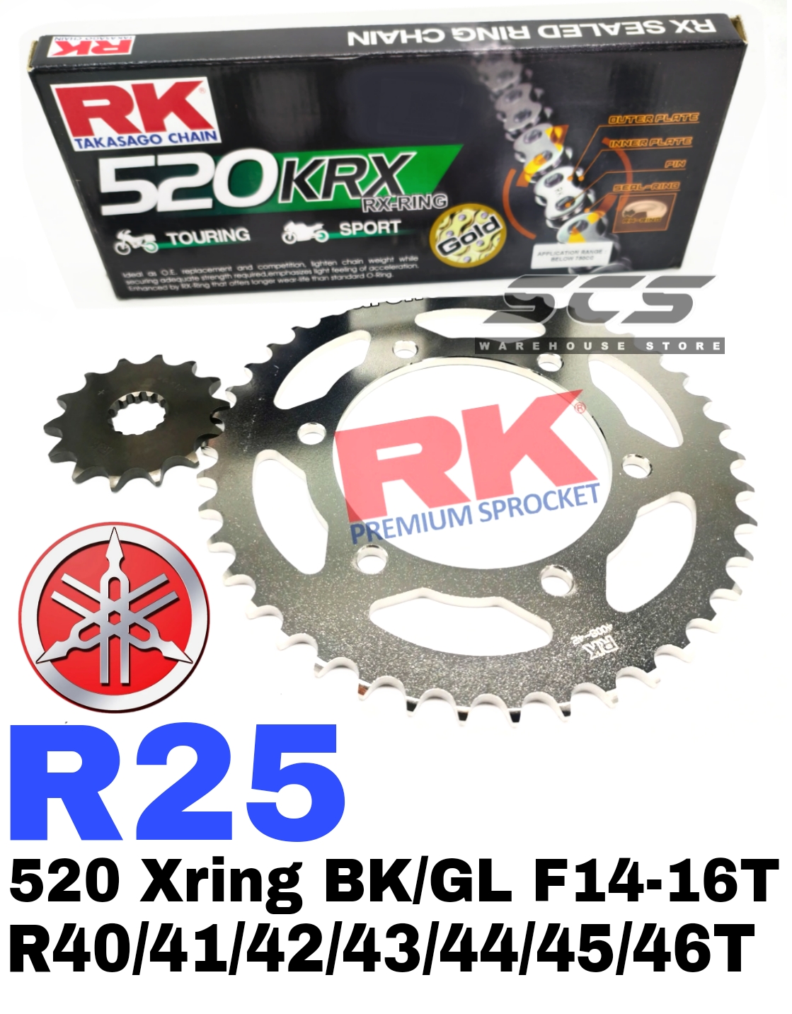 RK Sprocket Set YAMAHA R25 520 RK KRX X-Ring Rivet Black / Gold Chain ...
