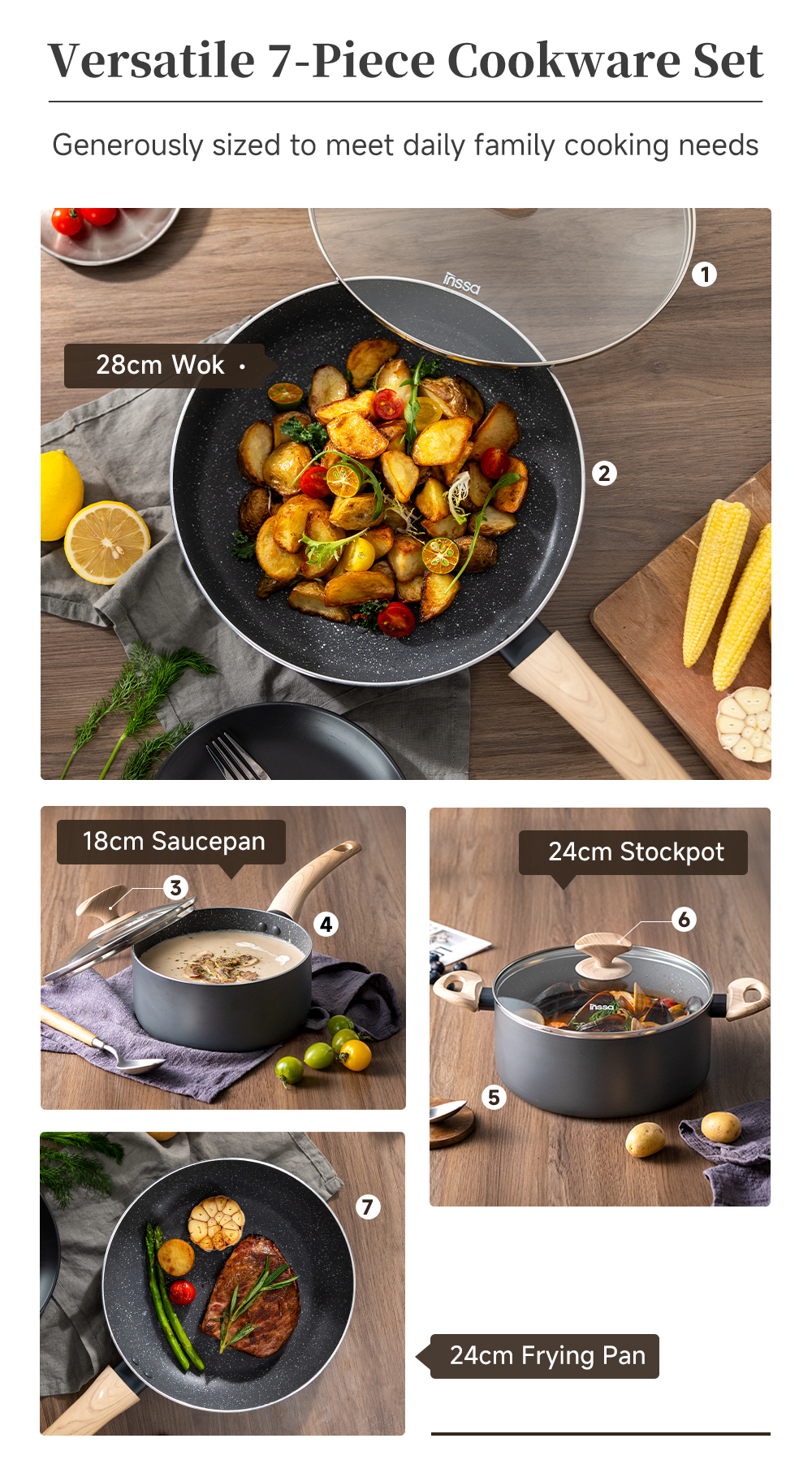 Simplus 7Pcs Cookware Set 24cm Fry Pan/24cm Soup Pot/28cm Wok/18cm ...