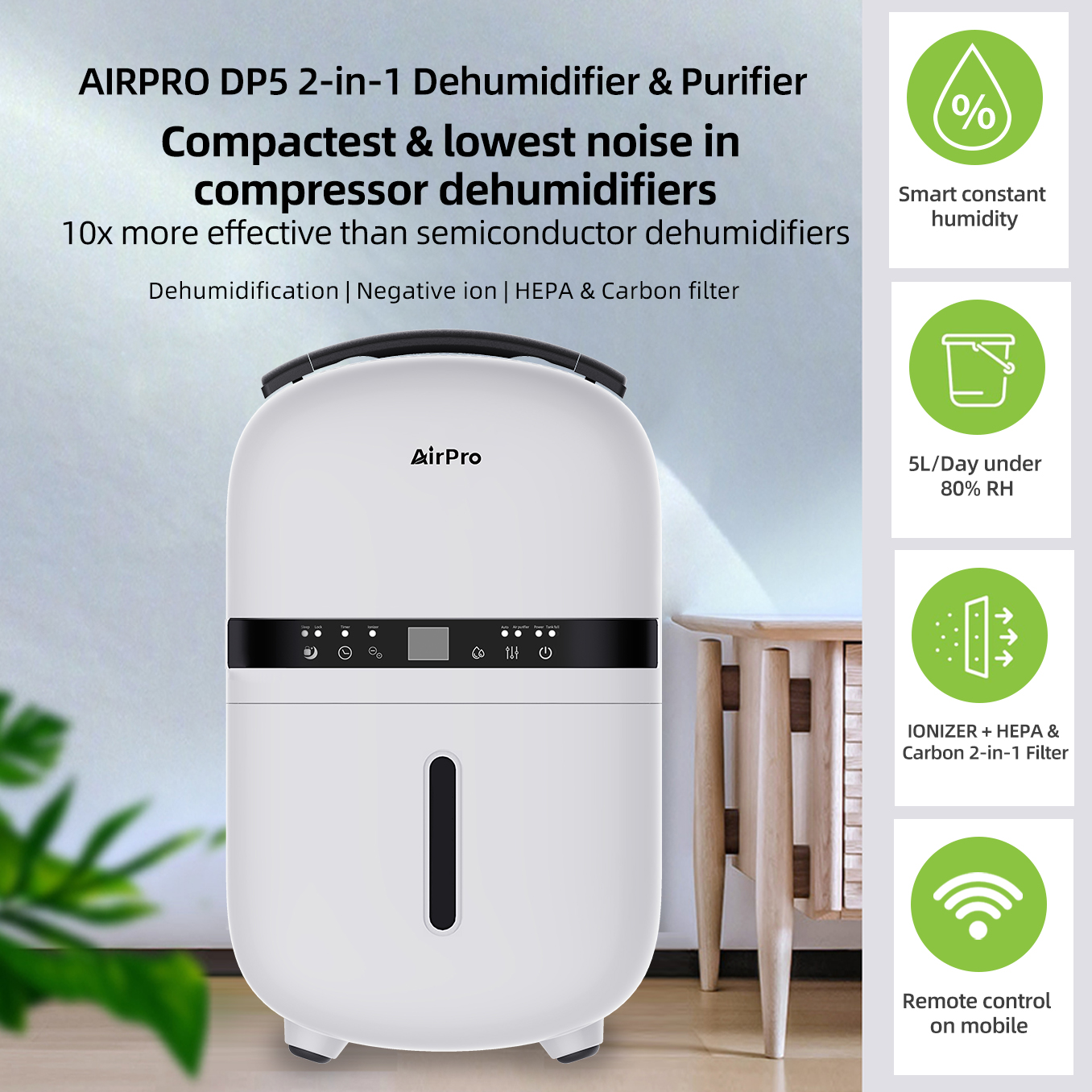 AirPro DP5 2-in-1 Dehumidifier & Purifier | 5L/Day | HEPA+Carbon ...