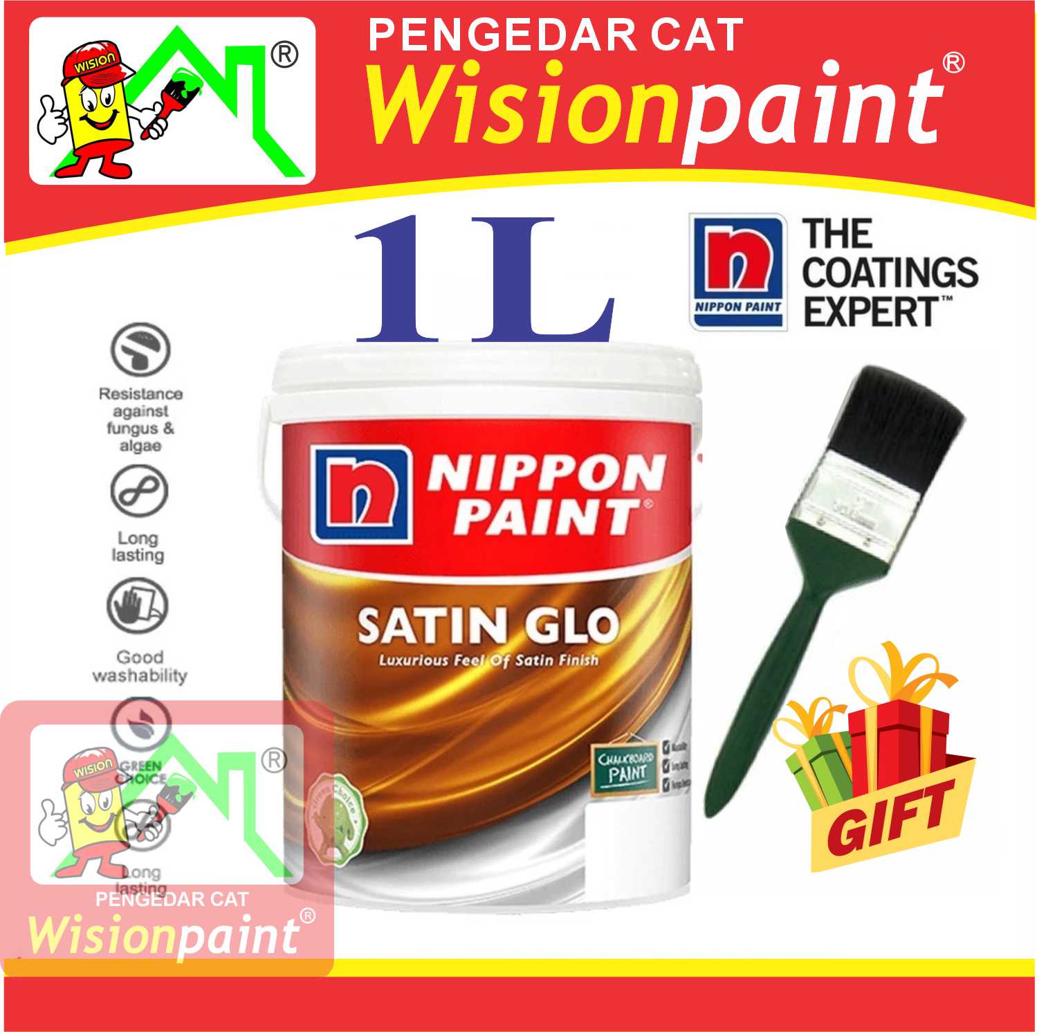 1L Nippon Paint ( Satin Glo ) Mid Sheen Finishing / Cat Kilat Dinding ...