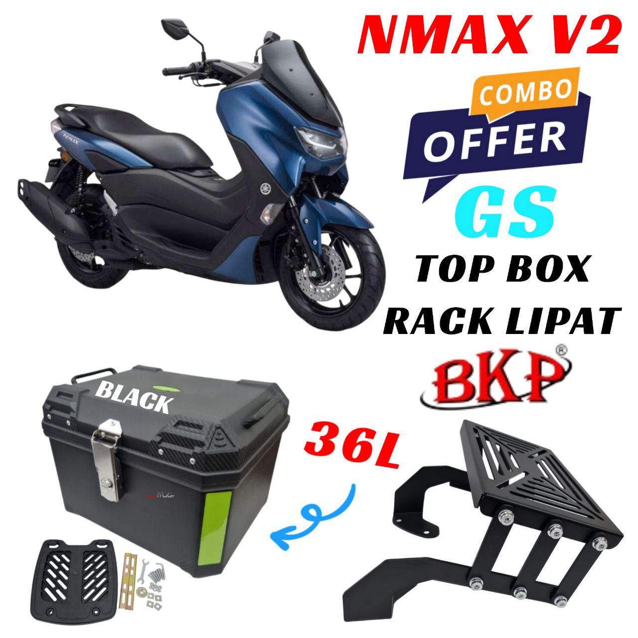 (YAMAHA NMAX V2) GS 36L BLACK BOX+BKP ADJUSTABLE RACK MOTORCYCLE 3 LEGS ...