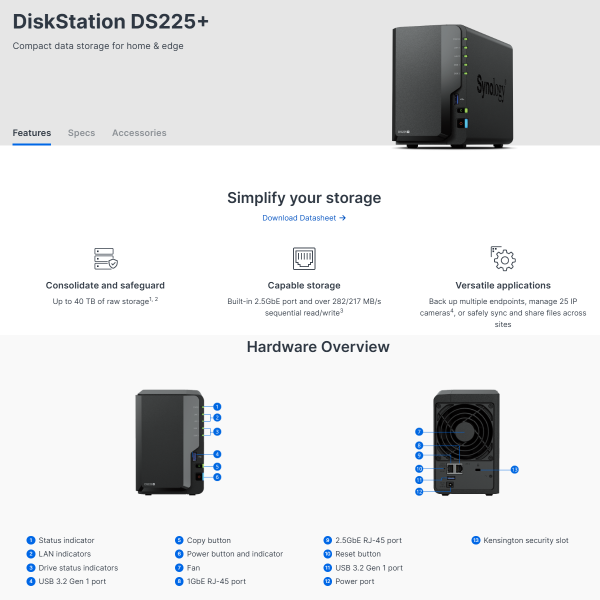 Synology DS225+ 2-Bay NAS DiskStation Server Storage Cloud Backup RAID ...