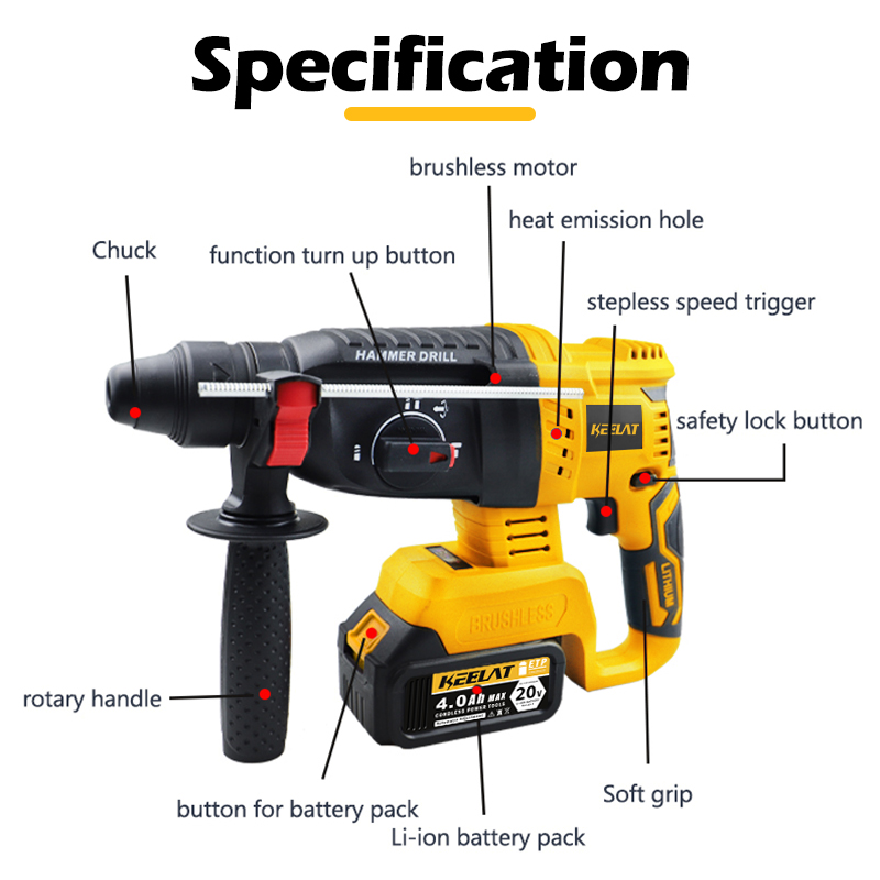 KEELAT KWHD001 Brushless Rotary Hammer Drill Cordless Impact Drill 3 ...