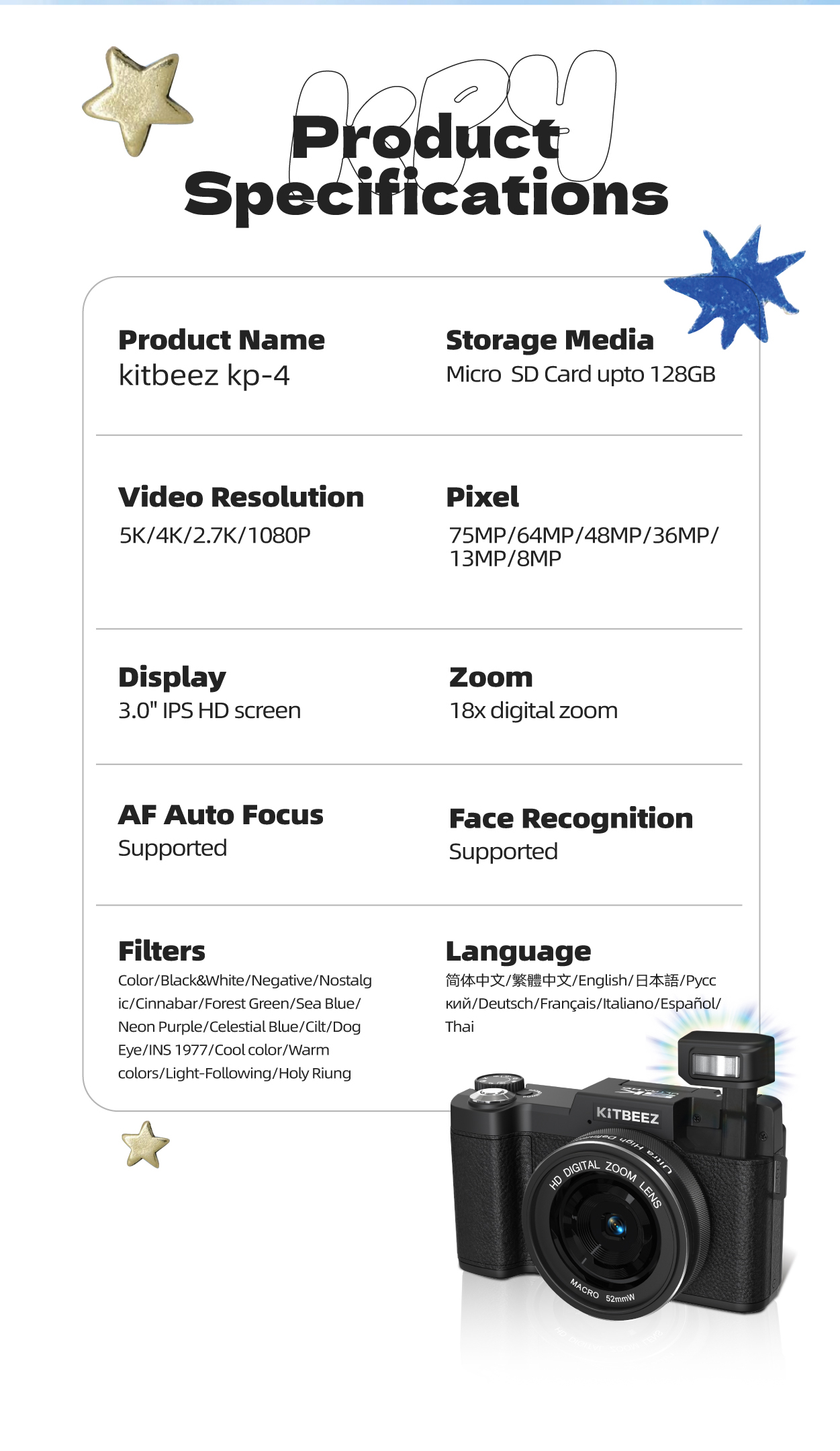 KiTBEEZ KP-4 5K WIFI Digital Camera 75MP 18X Zoom &180° Flip Screen ...