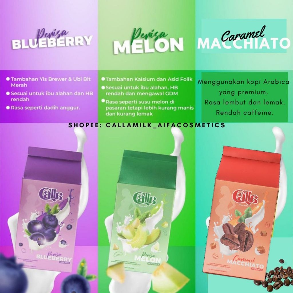CALLA MOM MILK 3 MINI PACK PROMOSI 21 Sachets Blueberry Melon Macchiato ...