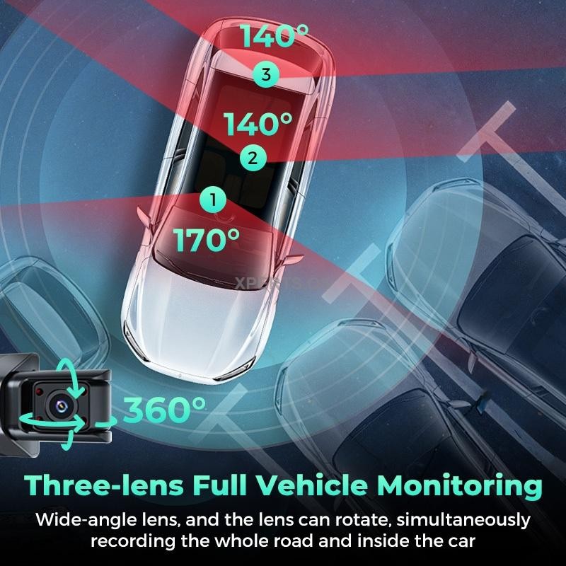 3-Lens WiFi Dash Cam1080 Full HD Front Inside Rear Camera Recorder With ...
