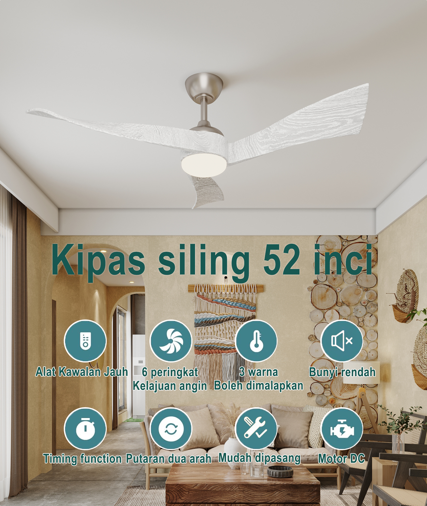 Kipas siling 52 inci, lampu kipas LED kayu pepejal, ruang makan, ruang ...