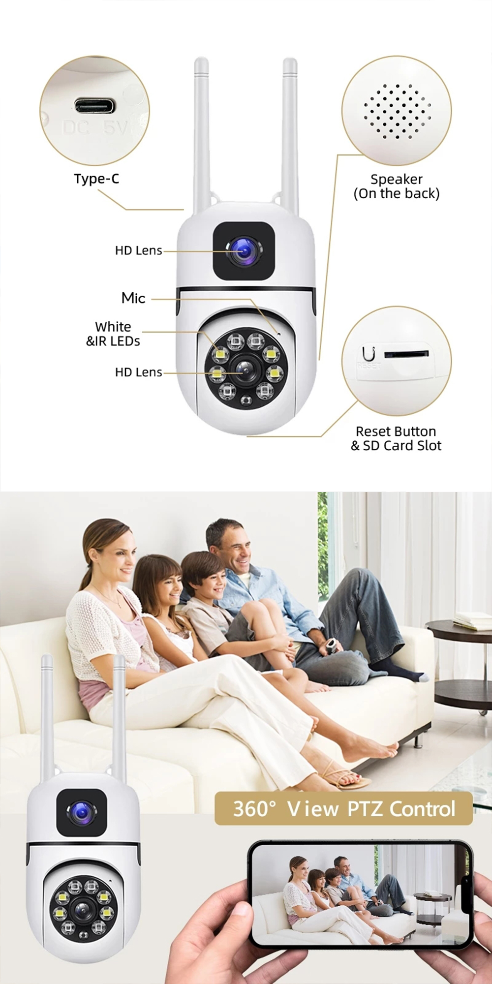 V380 CCTV Wireless Dual Lens Dual-screen Rotation Tracking 360 Camera ...