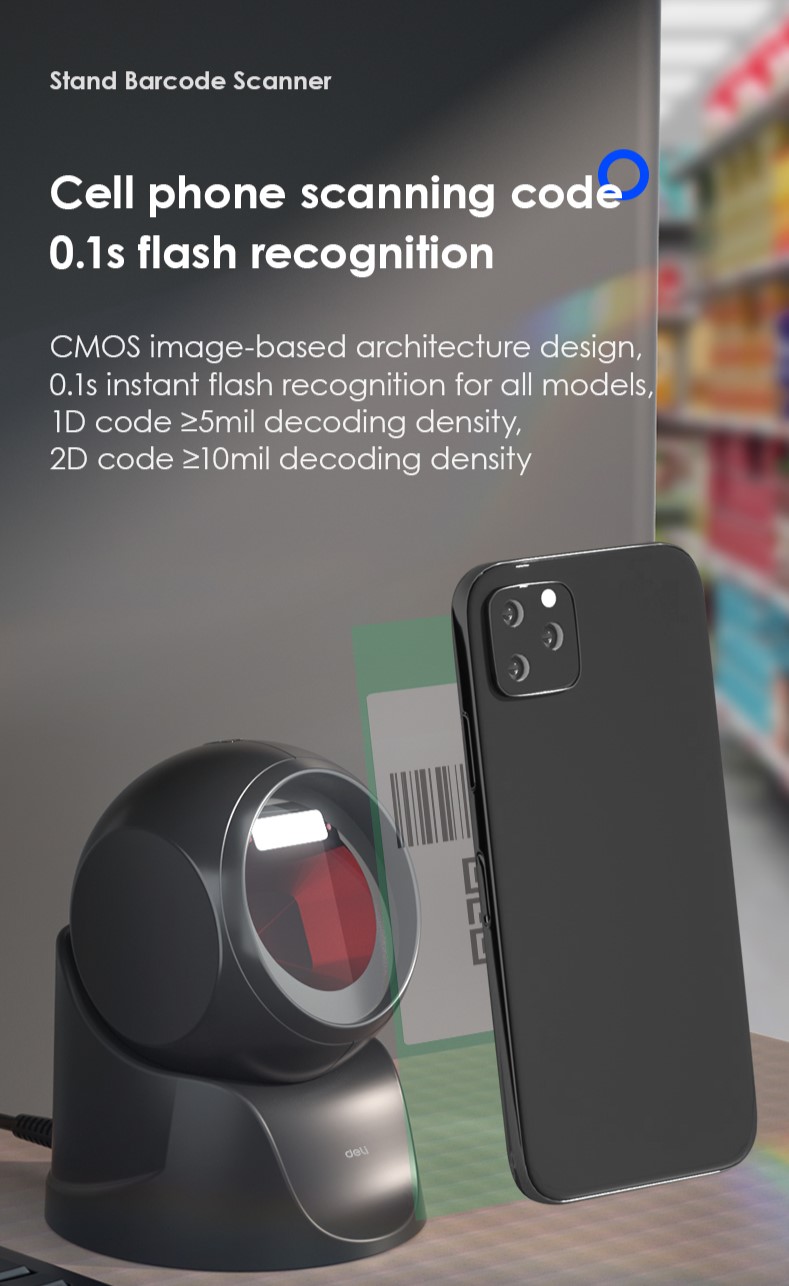Deli Stand Barcode Scanner 1D 2D LED Table QR Code Scanner Phone QR ...