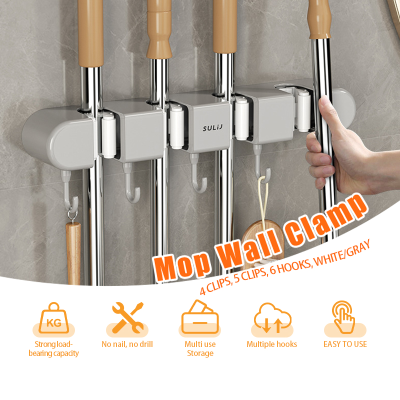 New Broom Mop Holder Suction Cups With Hooks Wall Mounted Broom Mop ...