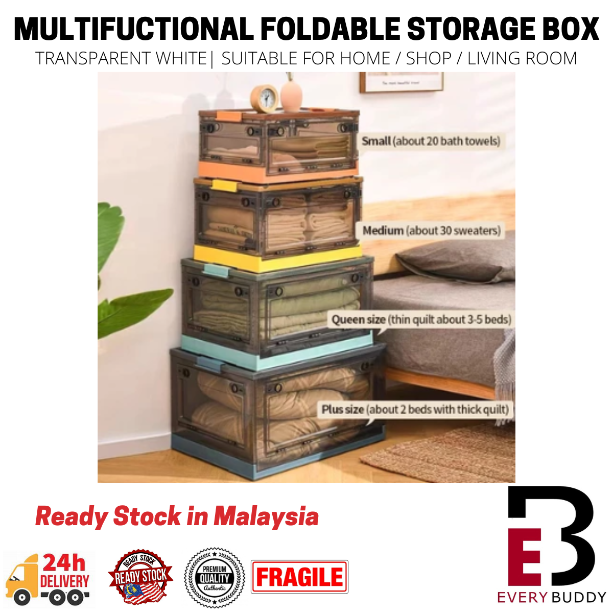 120L Foldable Storage Box With Lid & Wheels Large Capacity Multipurpose ...