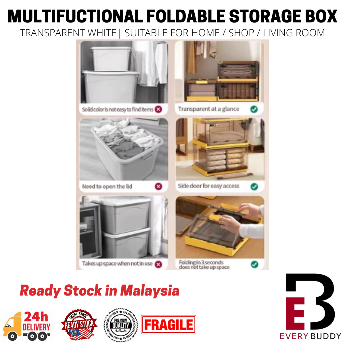 120L Foldable Storage Box With Lid & Wheels Large Capacity Multipurpose ...