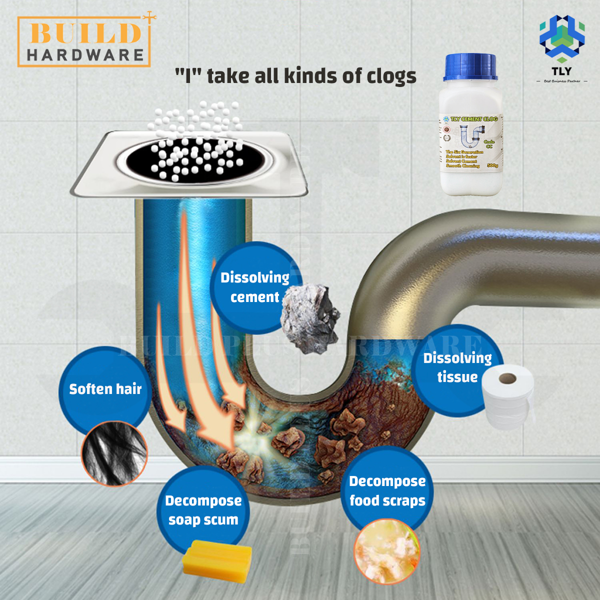 TLY Cement Clog 500g Caustic Clog Remover Dissolving Agent 水泥通塞粉溶解剂
