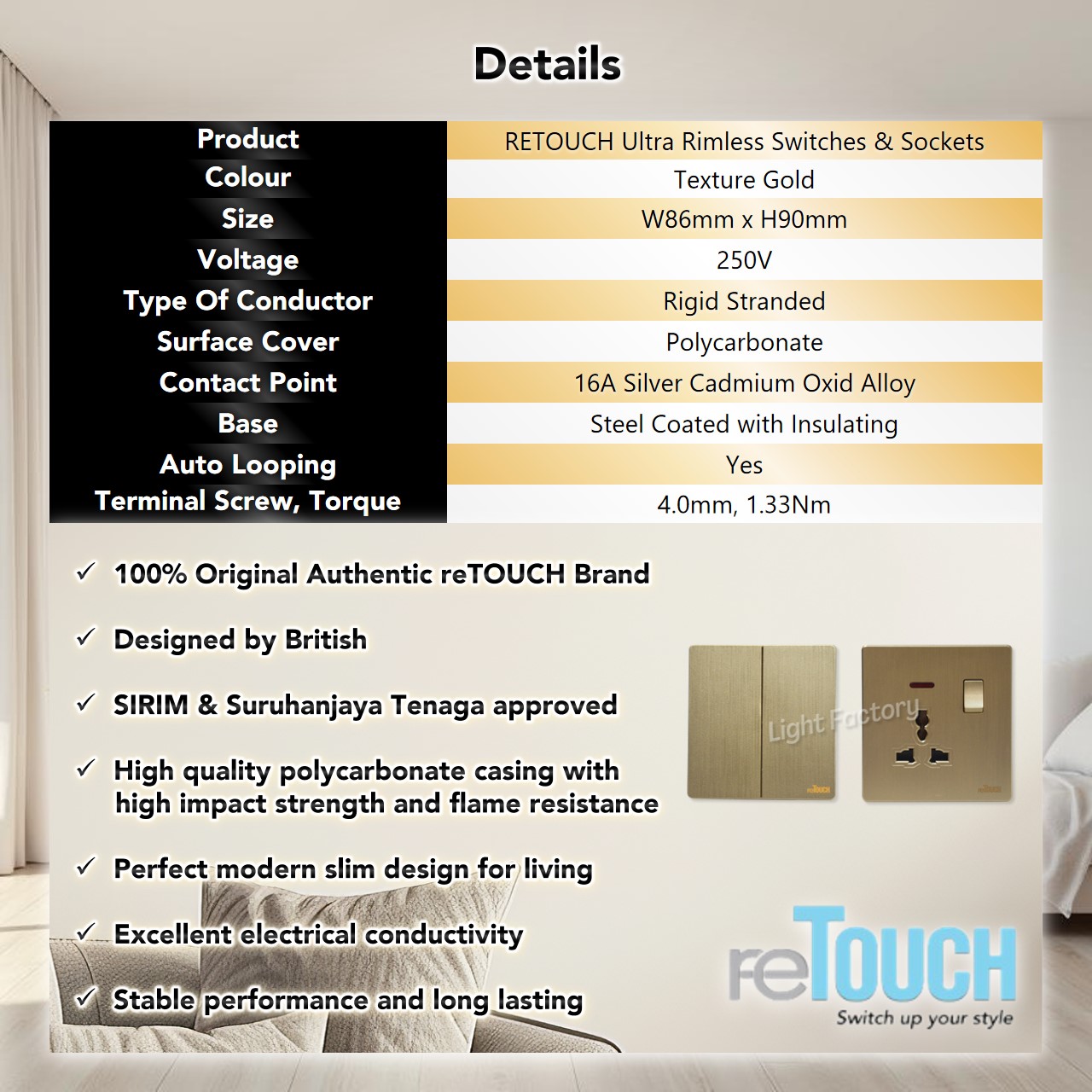 [GOLD] reTouch Ultra Rimless Wall Switch 13A 15A 20A Socket Multiple ...