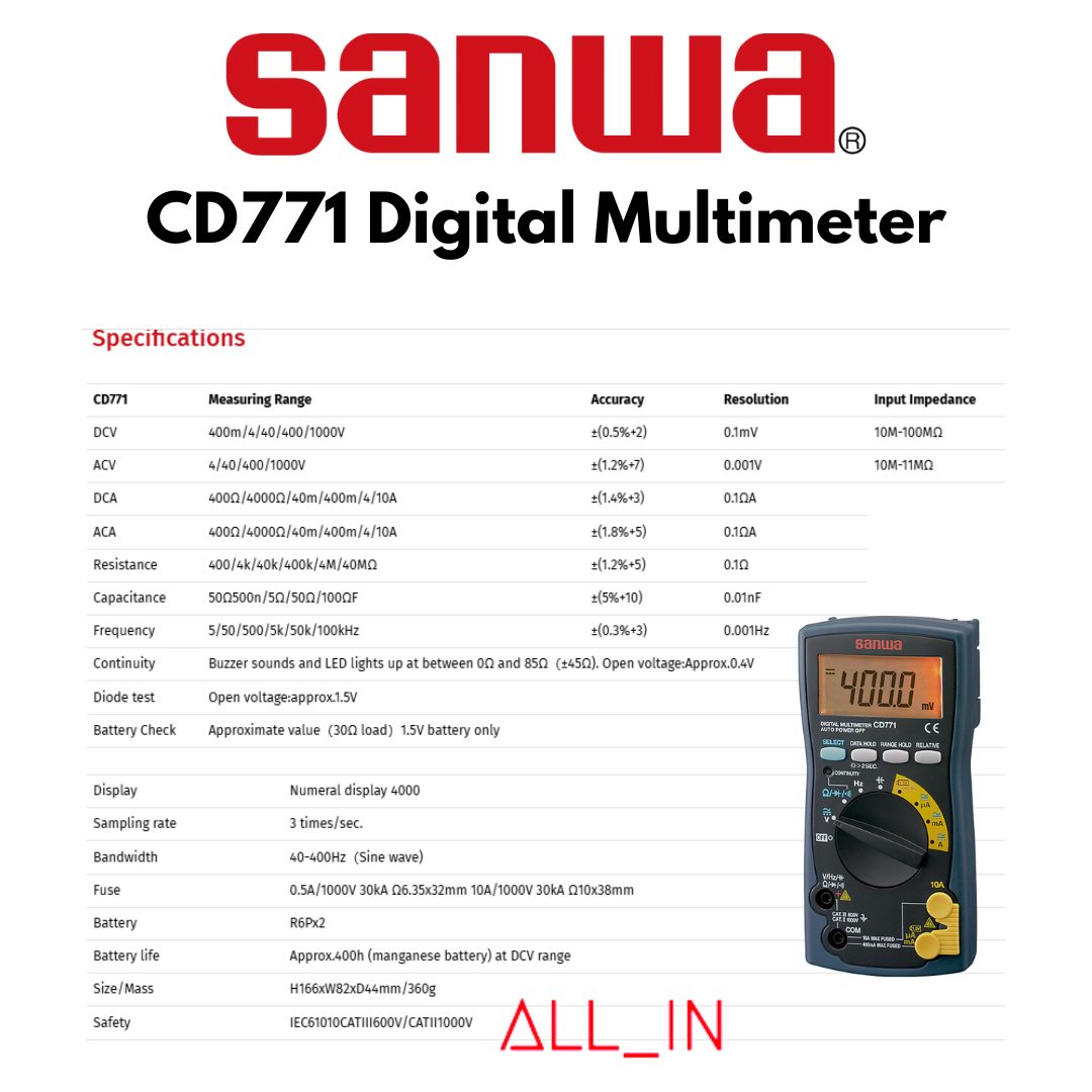 Sanwa CD771 Digital Multimeter with Backlight & Continuity Buzzer with ...