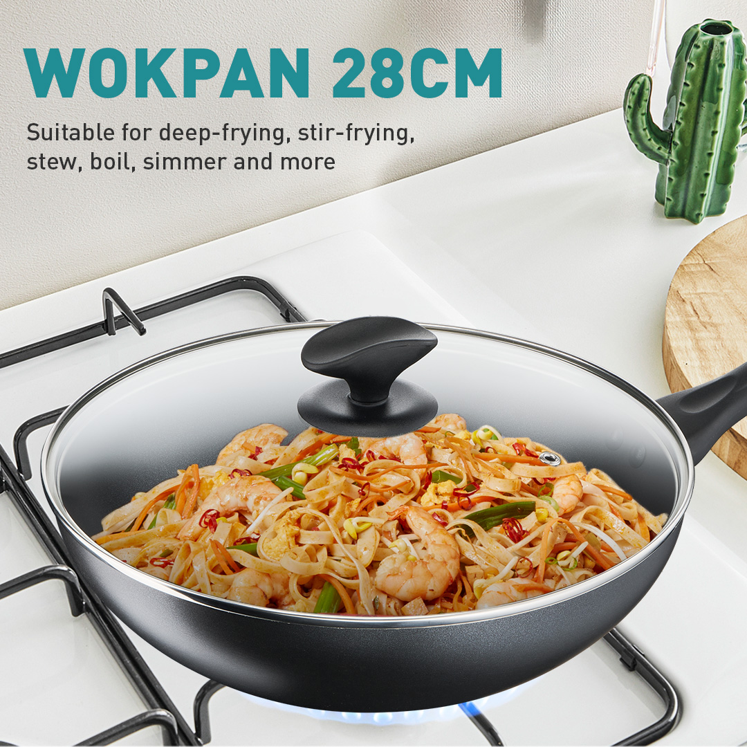 Tefal Cook & Clean Wokpan 28cm W/Lid (Non-stick Cookware, Titanium Non ...
