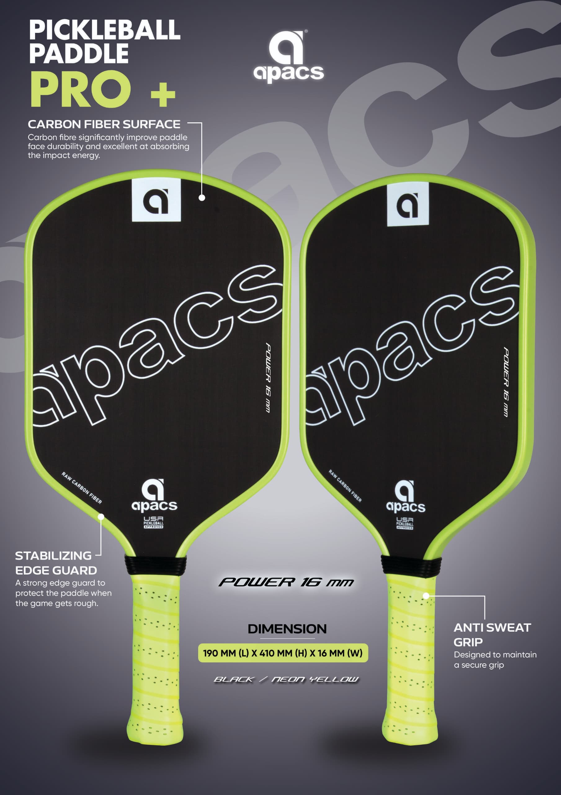 APACS Pro Plus Pickleball Paddle - Carbon Fiber Surface - 100% Original ...