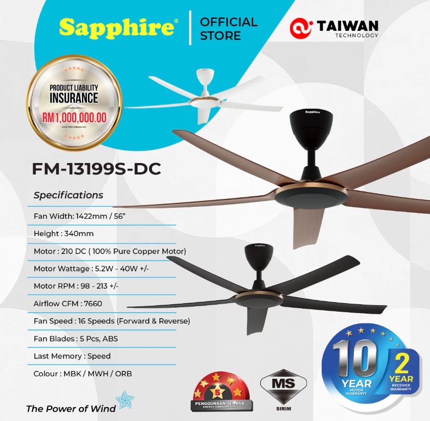 Sapphire FM-13199S 56 Inch FM-13191S 46 Inch DC Motor Ceiling Fan with