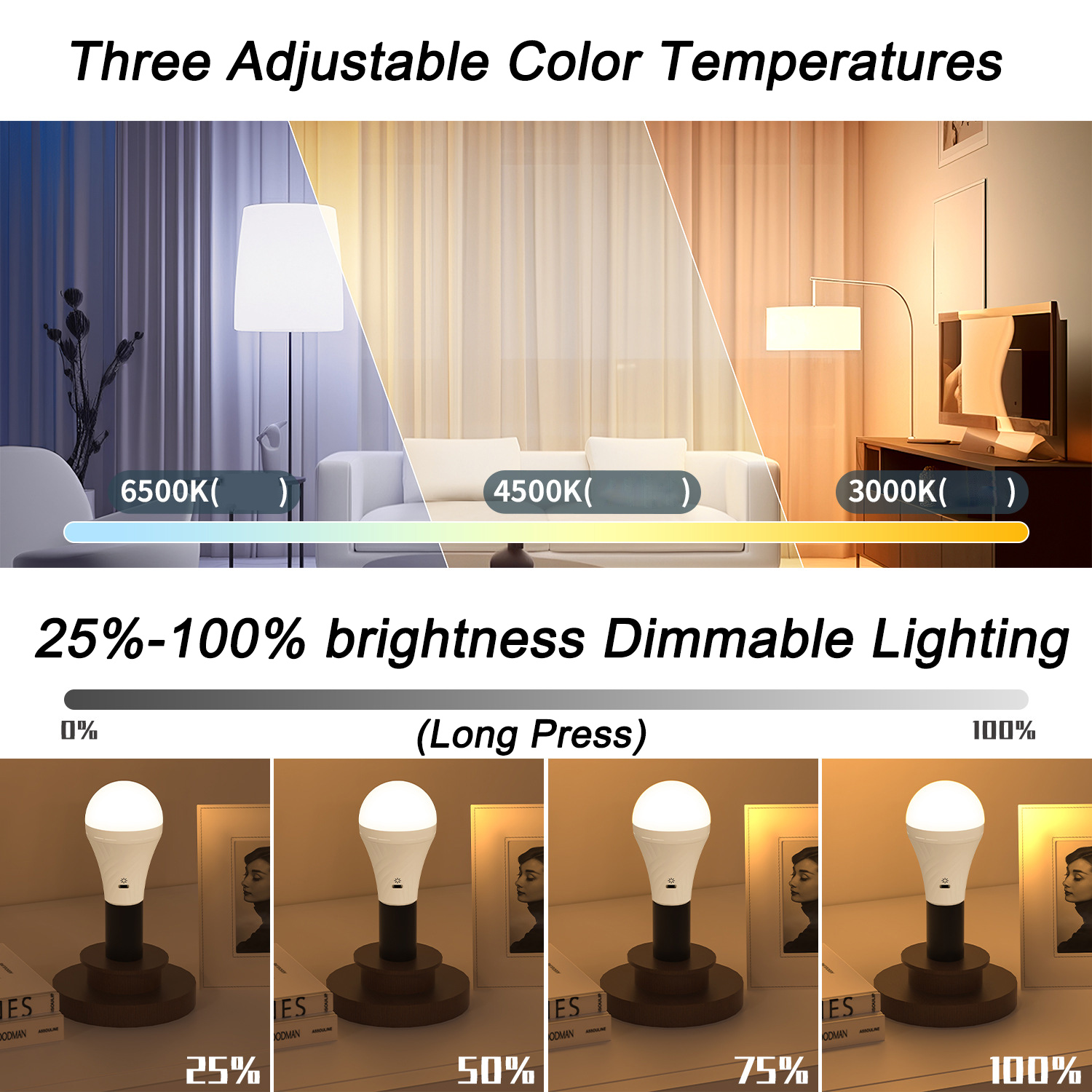 NEW 10W Touch Control Dimmable Light Bulb USB C Rechargeable With ...