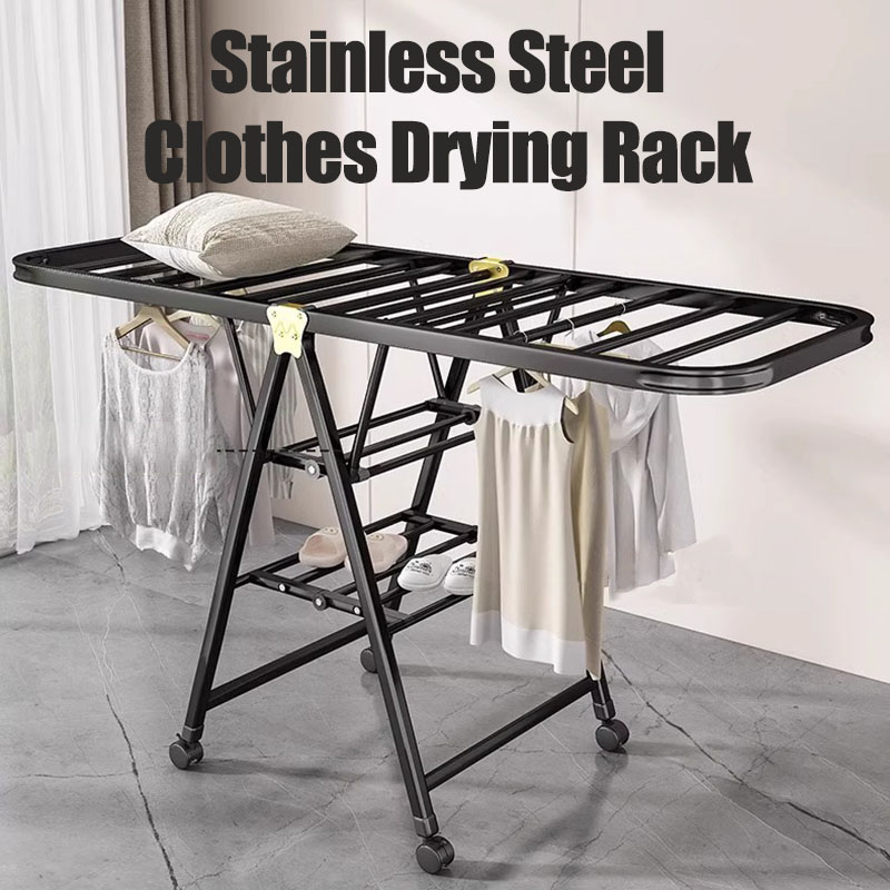 Clothes Drying Rack Stainless Steel Cloth Hanger with Wheel Heavy Duty ...