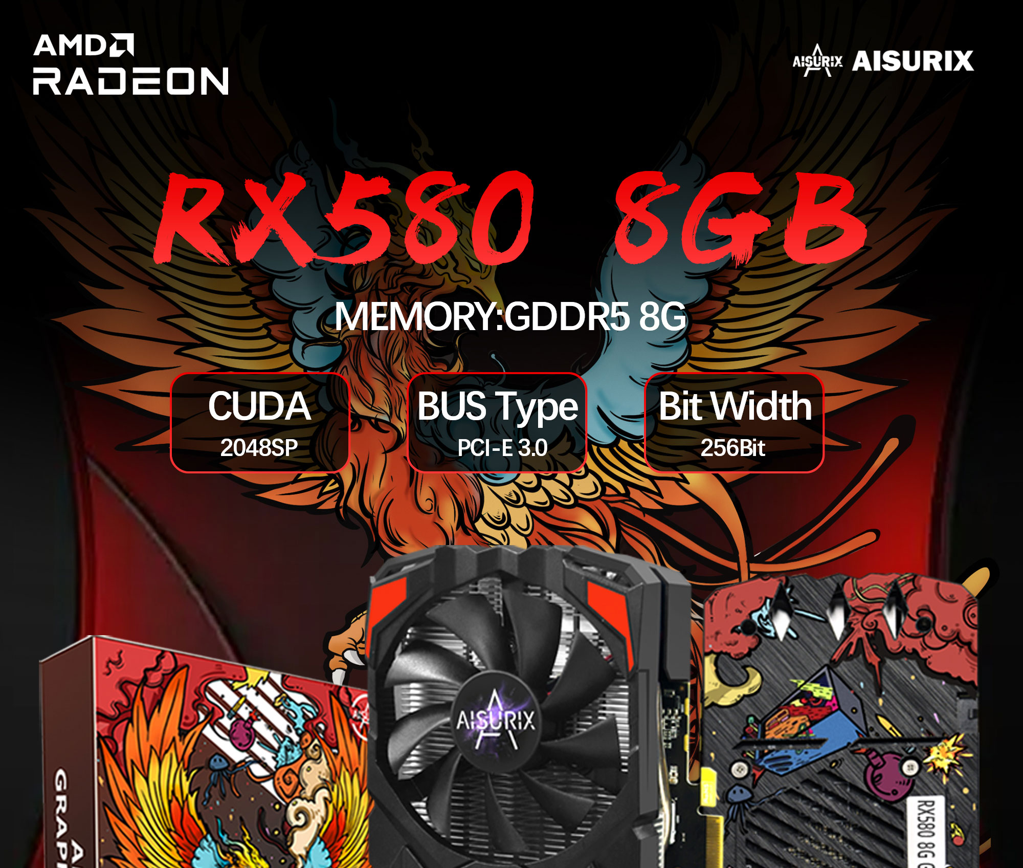 AISURIX Brand New Graphics Card RX 580 8GB AMD Radeon Computer GPU ...