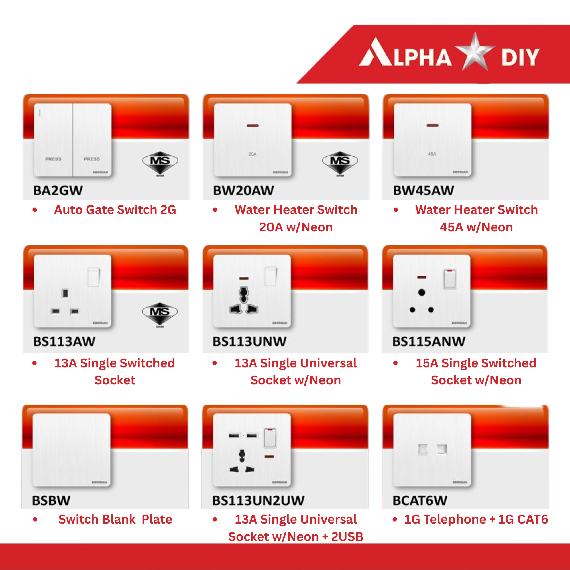 BOSSMAN Switch Socket Wall Suis On Off Dinding Rumah 20A Water Heater ...