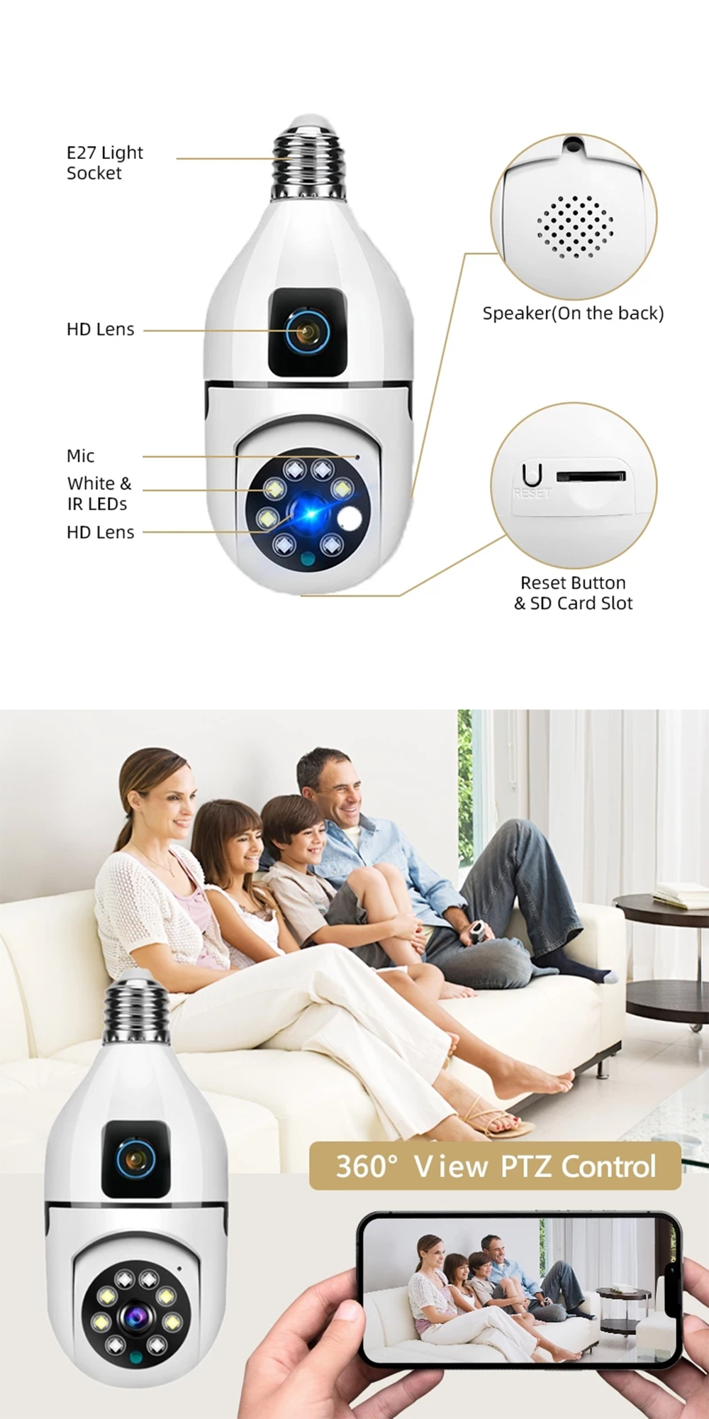 Cam720 CCTV Wireless Outdoor Dual Lens IP66 Waterproof 360 Bulb Camera ...