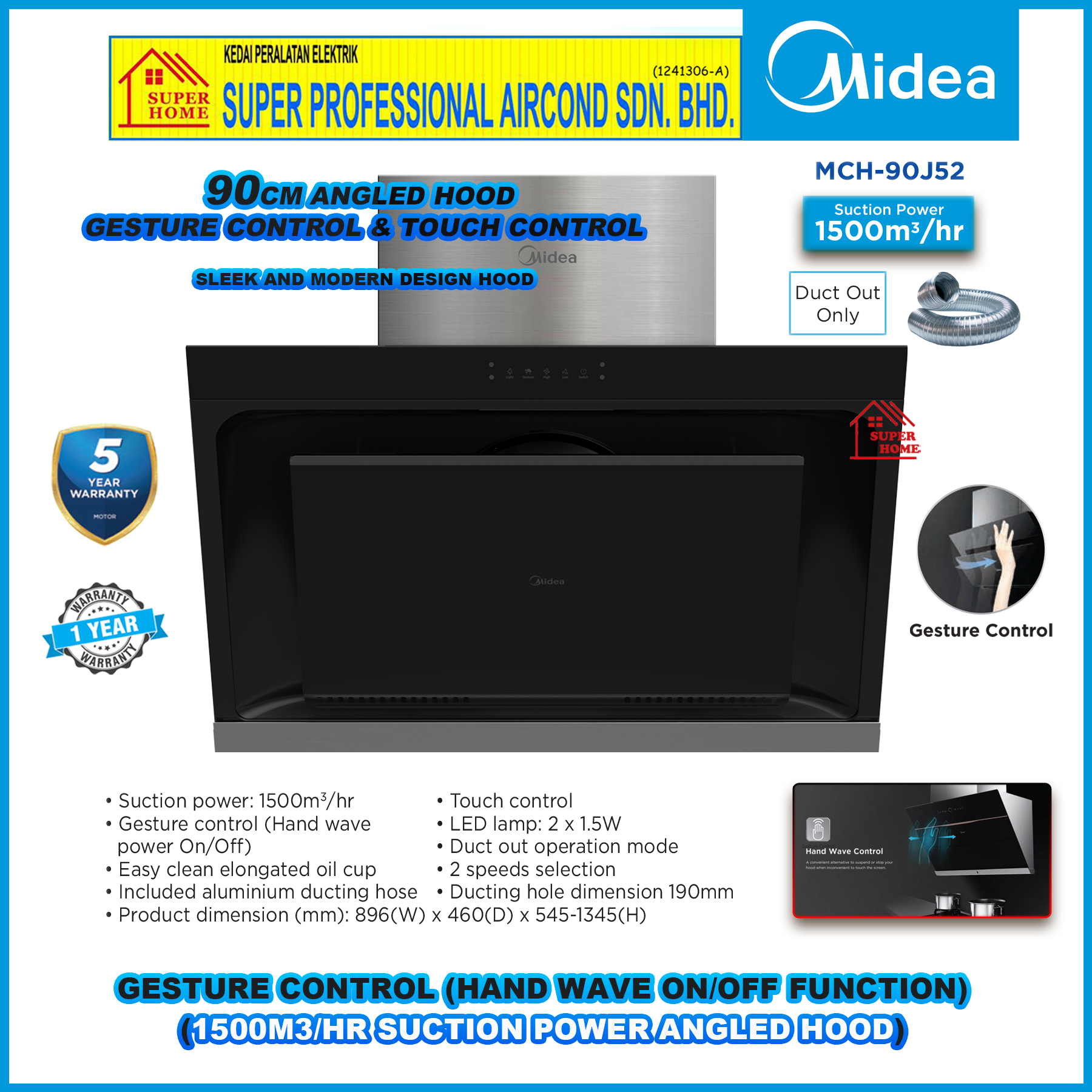 Midea Cooker Hood MCH-90J52 90cm/ Midea Built in Gas Hob 5.8kW / Midea ...