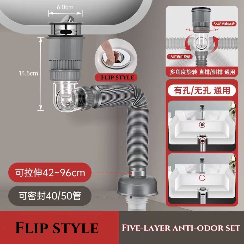 Wash Basin Sink Drain Pipe Kit 3 in 1 Plumbing Anti-Odor Anti-Backflow ...