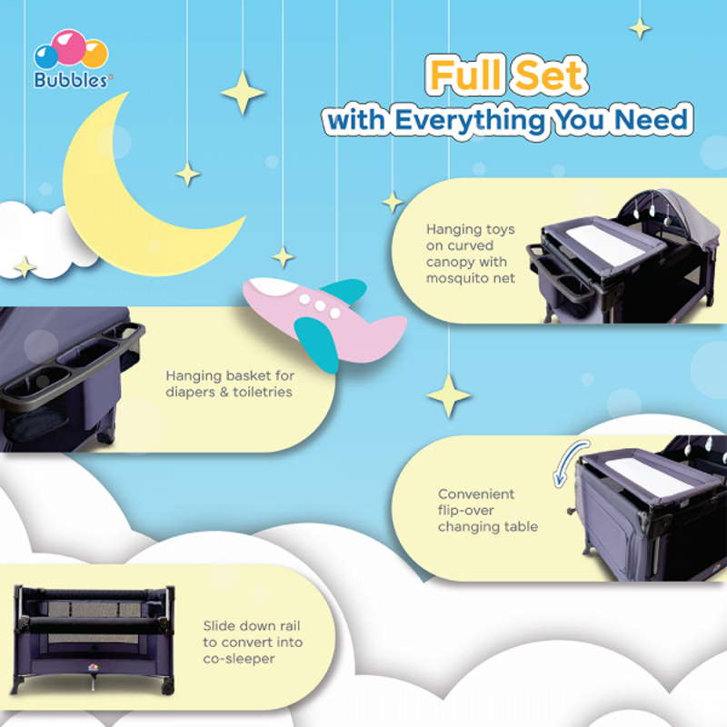 Bubbles Perfecto Playpen (Grey) Portable Baby Cot Warranty 1 Year