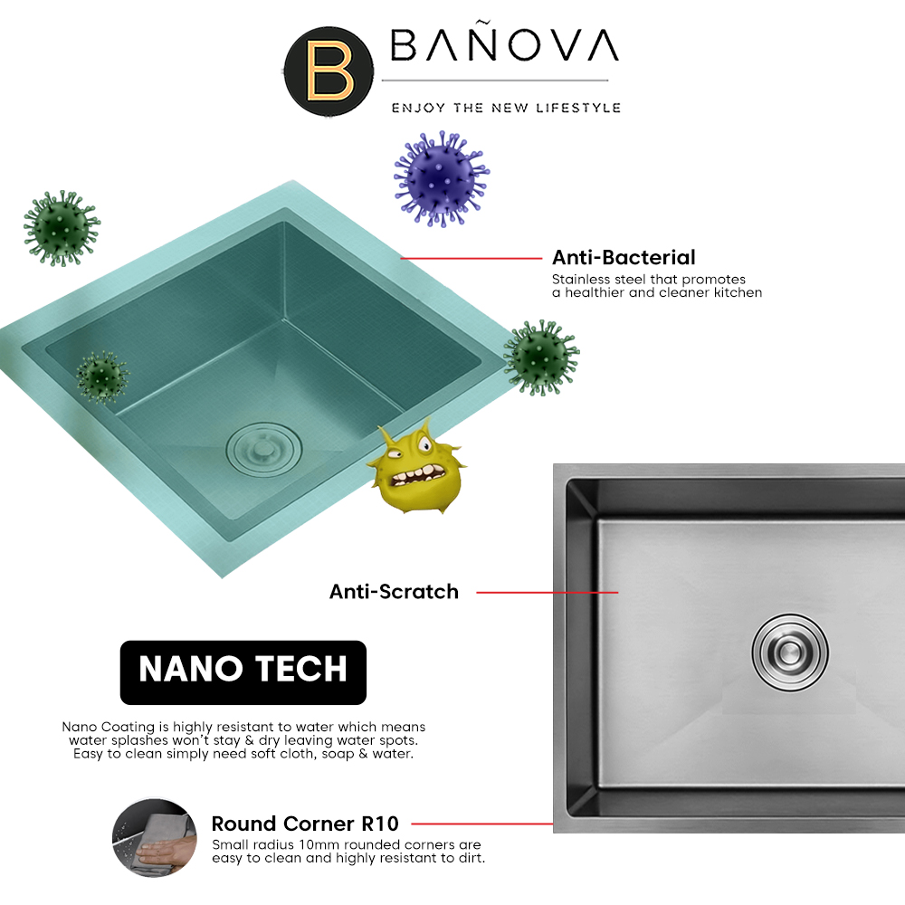 BANOVA Stainless Steel Handmade Undermount 1 Bowls Kitchen Sink (NANO ...