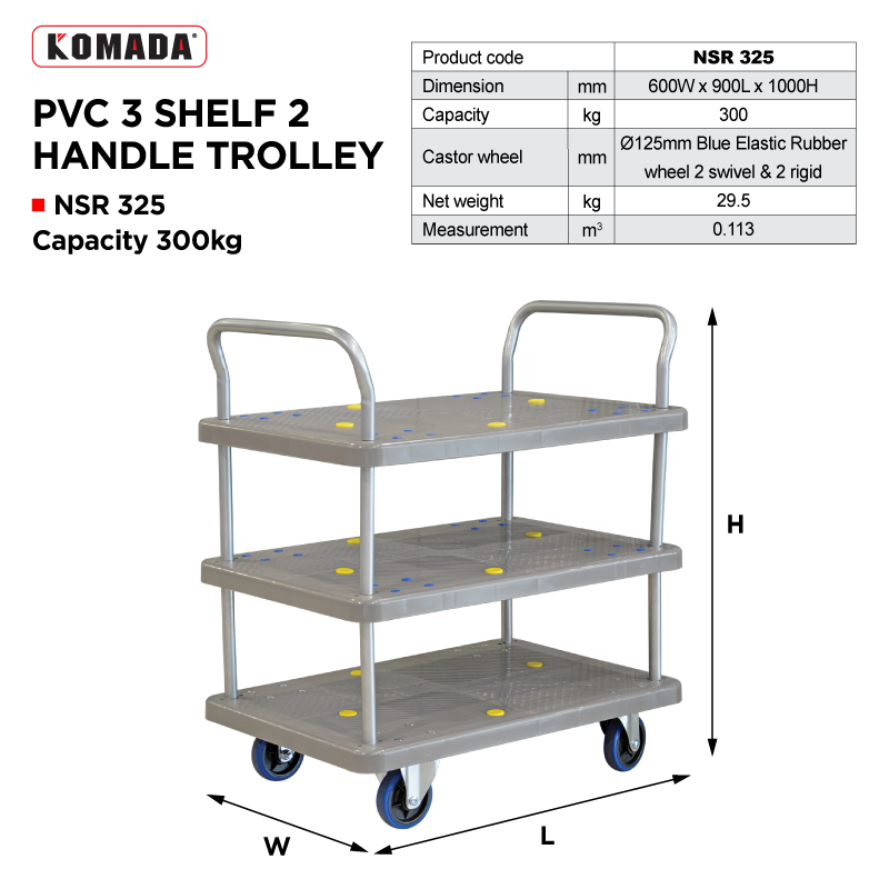 TTF RACK™ 150/300KG PVC 3 Shelf 2 Handle Trolley Plastic Flatbed ...