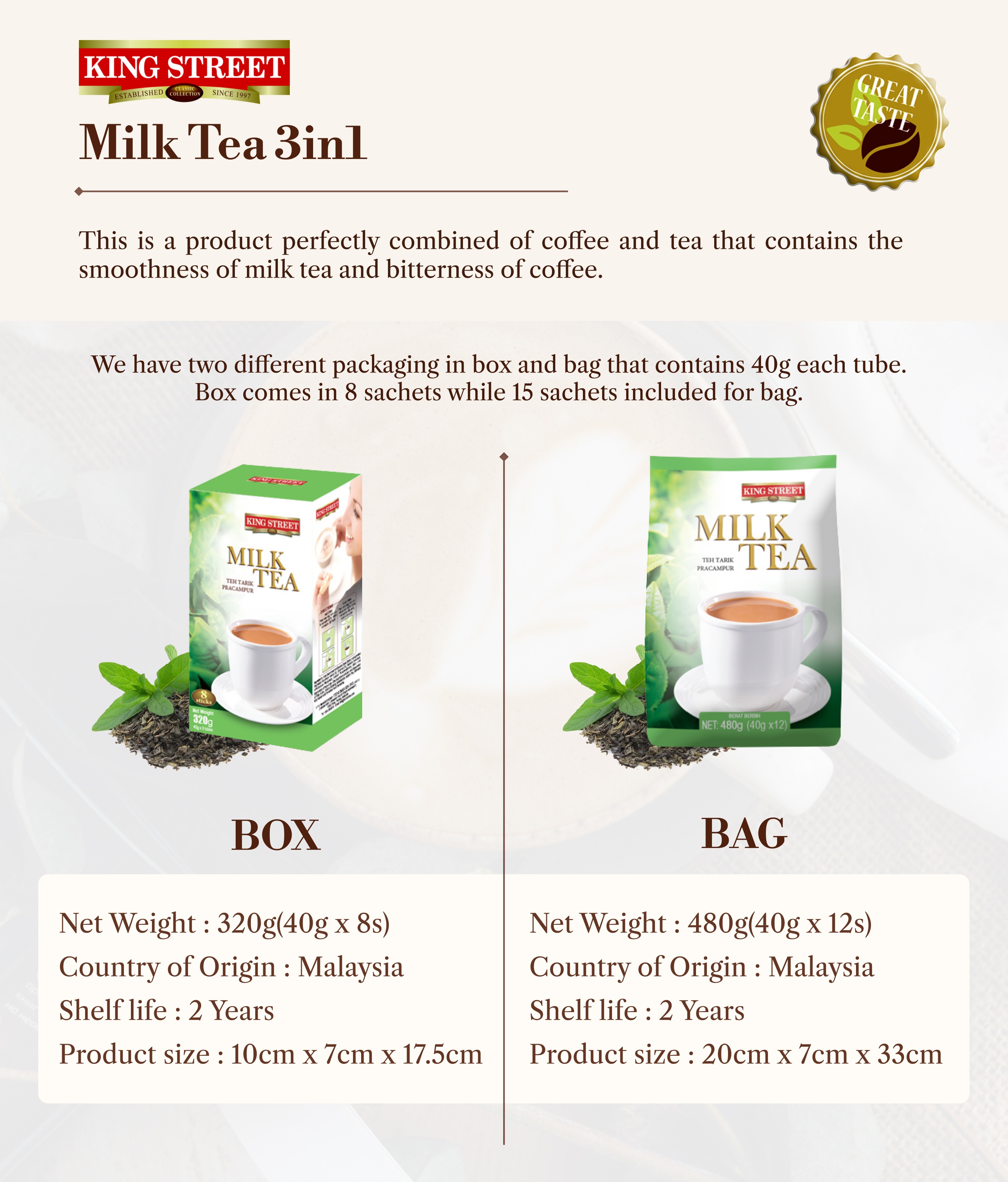 KING STREET Teh Susu 3in1 (12paket x 40g) Milk Tea 3in1 (12s x 40g ...
