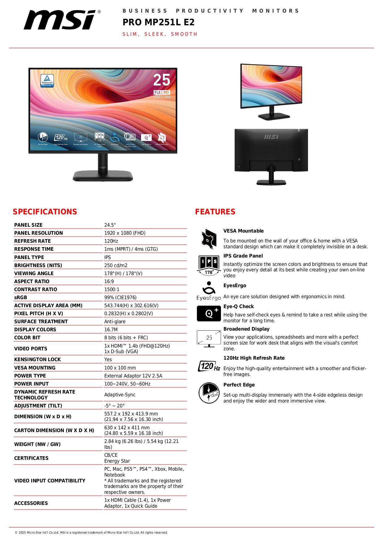 MSI PRO MP251L E2 (120Hz) / MP251 E14L (144Hz) 24.5