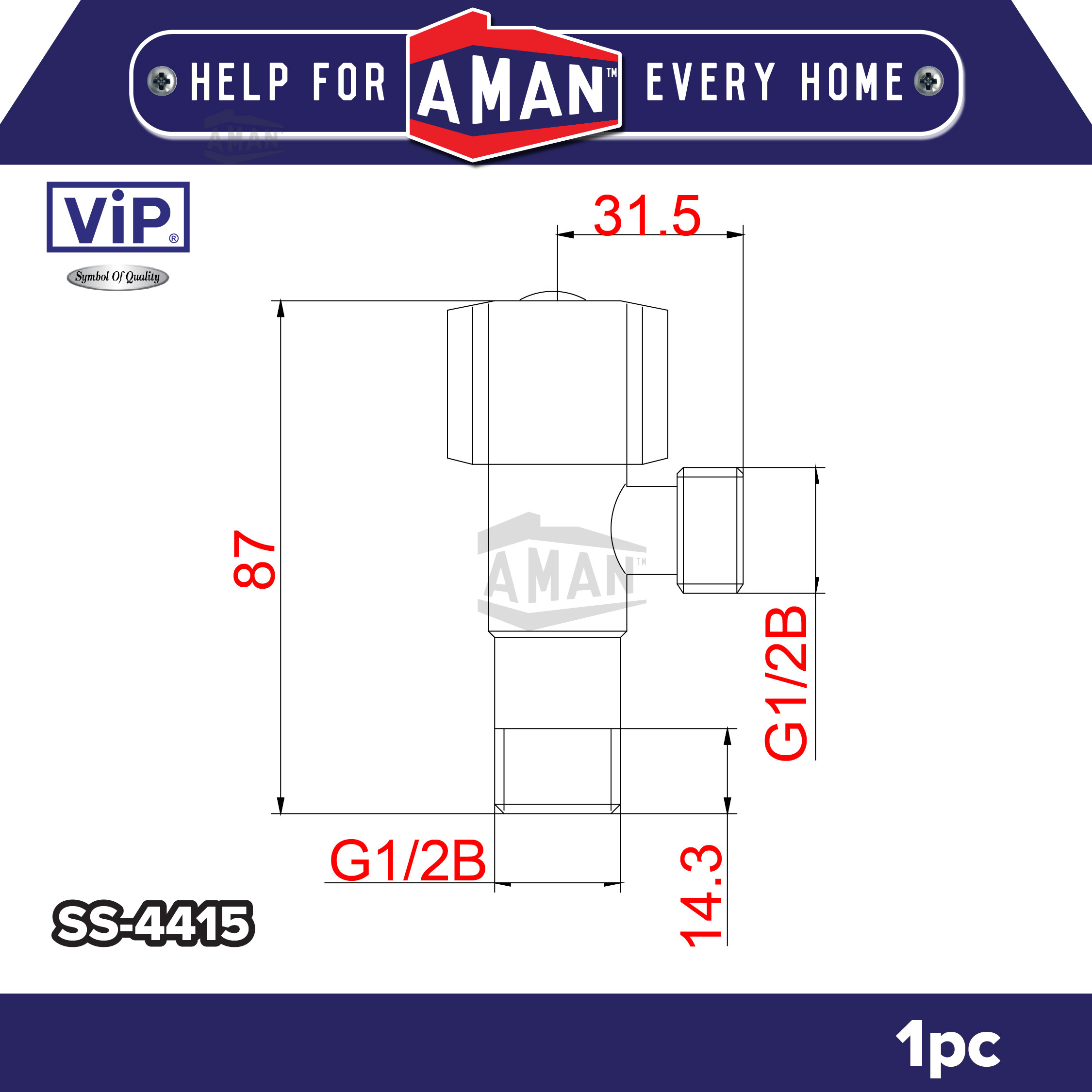 VIP SUS-304 Stainless Steel Quarter Turn One Way Angle Valve Pipe ...