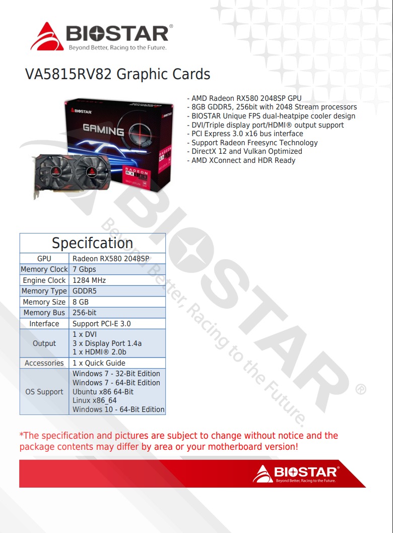 Biostar Gaming Radeon RX580 2048SP 8GB GDDR5 256Bit DVI HDMI DP Triple ...