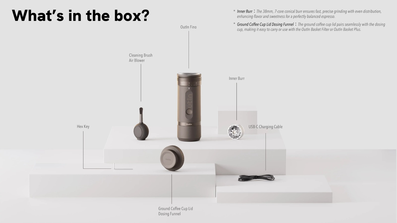 OUTIN Fino Portable Electric Coffee Grinder 28 Grind Settings Auto Stop ...