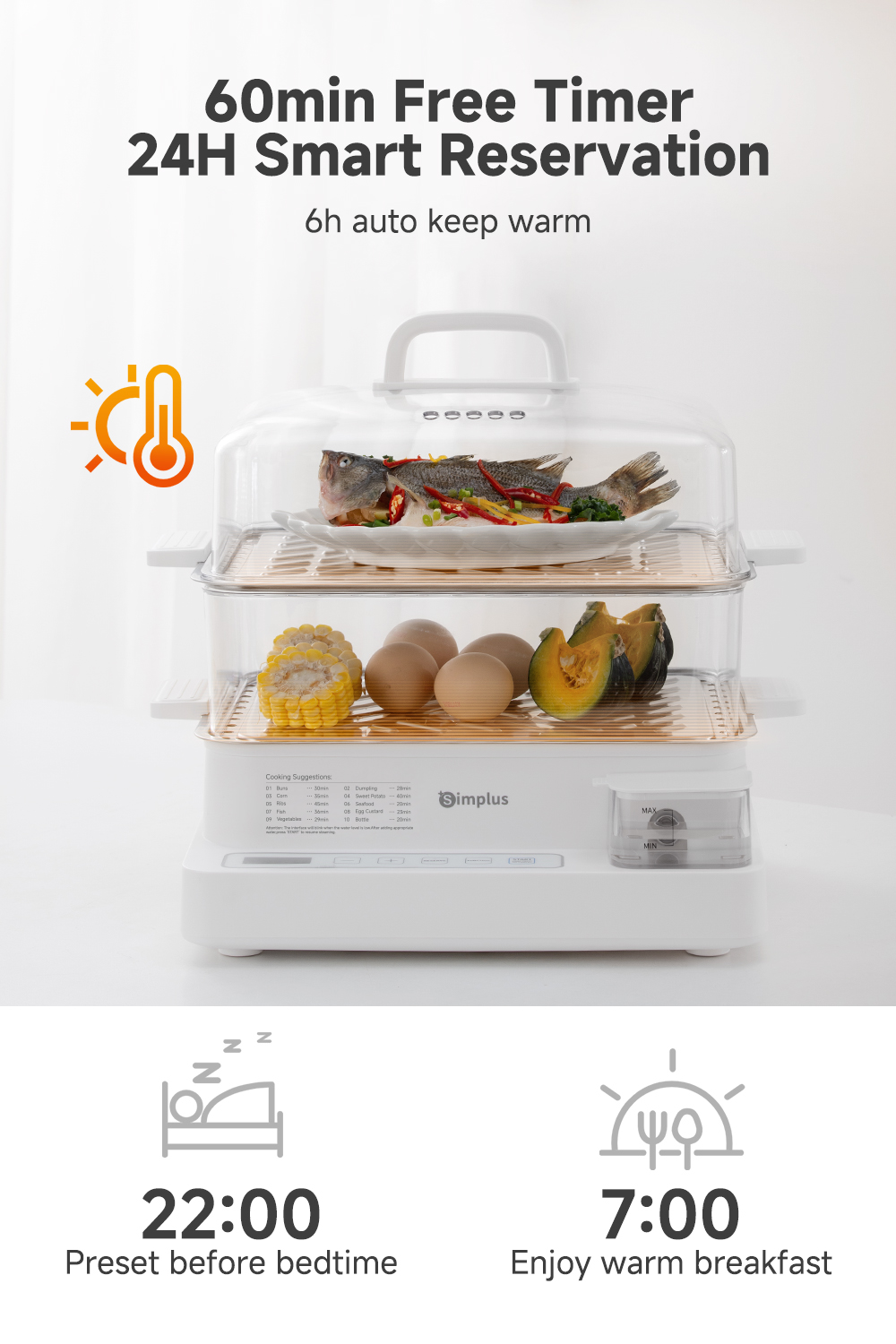 Simplus Electric Food Steamer | 3-Tier 21L Capacity | 1300W|24h ...